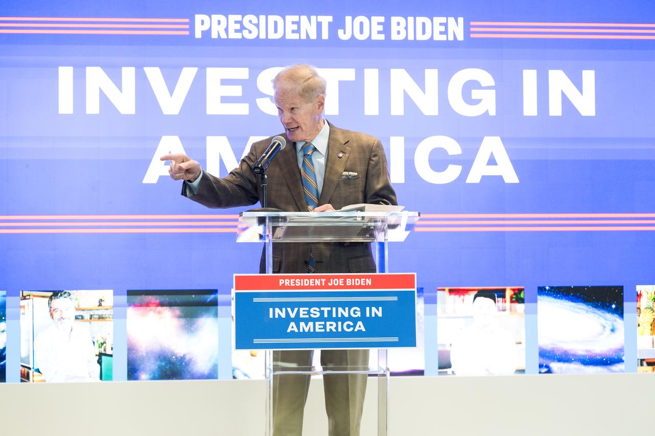 NASA Administrator Bill Nelson gives remarks during an event unveiling the 2022 Small Business Federal Procurement Scorecard, Tuesday, July 18, 2023, in the Earth Information Center at the Mary W. Jackson NASA Headquarters building in Washington. NASA Administrator Bill Nelson and NASA Deputy Administrator Pam Melroy hosted Isabella Casillas Guzman, Administrator of the Small Business Administration (SBA), for the unveiling of the annual scorecard which looks at how federal agencies rank on meeting their small business goals. Photo Credit: (NASA/Aubrey Gemignani)