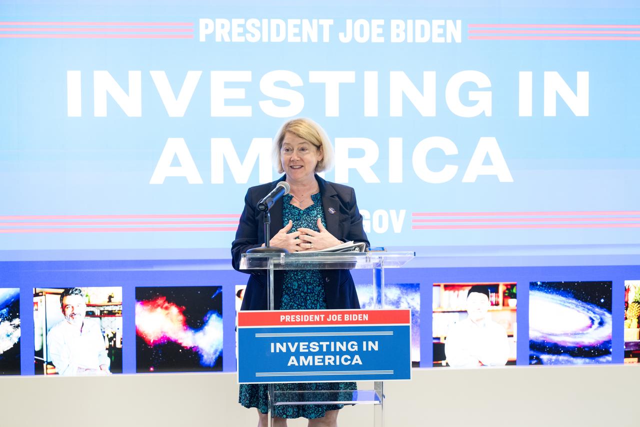 NASA Deputy Administrator Pam Melroy gives remarks during an event unveiling the 2022 Small Business Federal Procurement Scorecard, Tuesday, July 18, 2023, in the Earth Information Center at the Mary W. Jackson NASA Headquarters building in Washington. NASA Administrator Bill Nelson and NASA Deputy Administrator Pam Melroy hosted Isabella Casillas Guzman, Administrator of the Small Business Administration (SBA), for the unveiling of the annual scorecard which looks at how federal agencies rank on meeting their small business goals. Photo Credit: (NASA/Aubrey Gemignani)