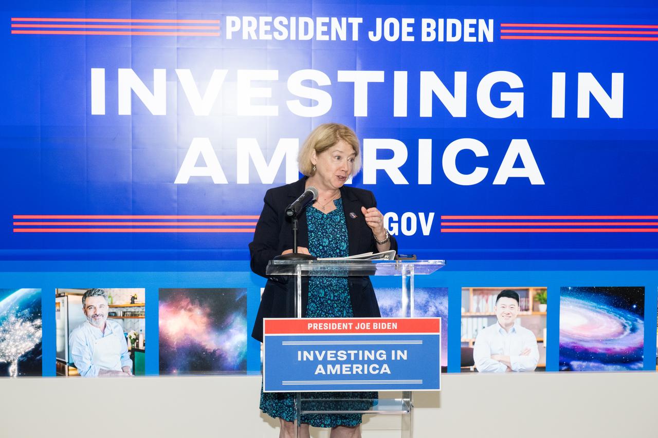 NASA Deputy Administrator Pam Melroy gives remarks during an event unveiling the 2022 Small Business Federal Procurement Scorecard, Tuesday, July 18, 2023, in the Earth Information Center at the Mary W. Jackson NASA Headquarters building in Washington. NASA Administrator Bill Nelson and NASA Deputy Administrator Pam Melroy hosted Isabella Casillas Guzman, Administrator of the Small Business Administration (SBA), for the unveiling of the annual scorecard which looks at how federal agencies rank on meeting their small business goals. Photo Credit: (NASA/Aubrey Gemignani)