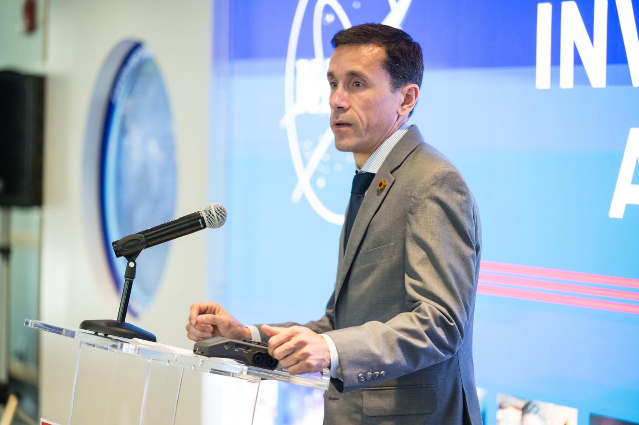 Ed Aguayo, President, Newton LLC, gives remarks during an event unveiling the 2022 Small Business Federal Procurement Scorecard, Tuesday, July 18, 2023, in the Earth Information Center at the Mary W. Jackson NASA Headquarters building in Washington. NASA Administrator Bill Nelson and NASA Deputy Administrator Pam Melroy hosted Isabella Casillas Guzman, Administrator of the Small Business Administration (SBA), for the unveiling of the annual scorecard which looks at how federal agencies rank on meeting their small business goals. Photo Credit: (NASA/Aubrey Gemignani)