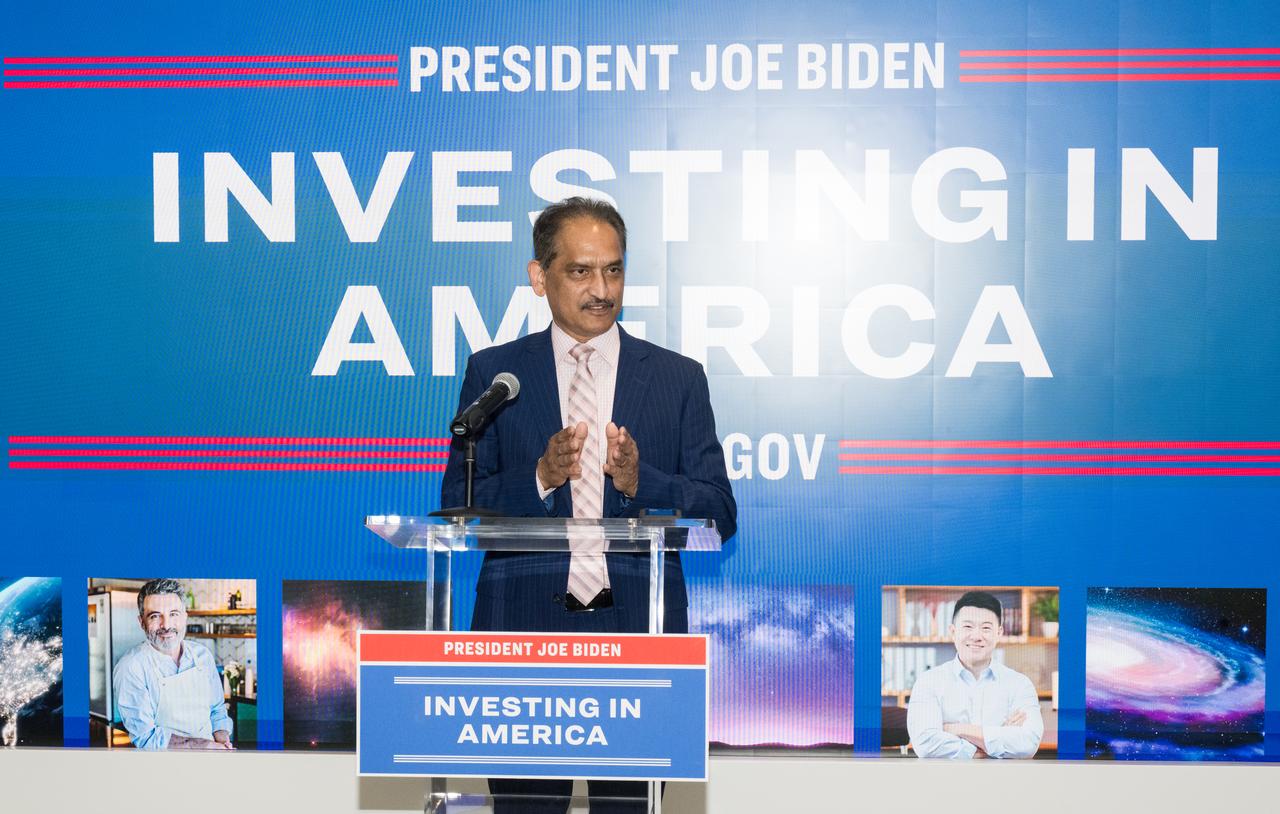 Ashok Jha, President, Adnet, gives remarks during an event unveiling the 2022 Small Business Federal Procurement Scorecard, Tuesday, July 18, 2023, in the Earth Information Center at the Mary W. Jackson NASA Headquarters building in Washington. NASA Administrator Bill Nelson and NASA Deputy Administrator Pam Melroy hosted Isabella Casillas Guzman, Administrator of the Small Business Administration (SBA), for the unveiling of the annual scorecard which looks at how federal agencies rank on meeting their small business goals. Photo Credit: (NASA/Aubrey Gemignani)