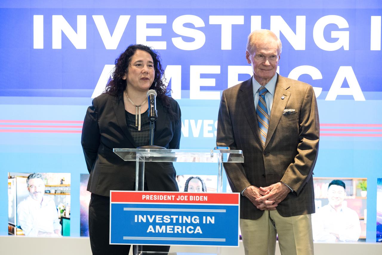 Isabella Casillas Guzman, Administrator of the Small Business Administration (SBA), left, answers a question after unveiling the 2022 Small Business Federal Procurement Scorecard, at an event hosted by NASA Administrator Bill Nelson, right, and NASA Deputy Administrator Pam Melroy, Tuesday, July 18, 2023 in the Earth Information Center at the Mary W. Jackson NASA Headquarters building in Washington. For the sixth year in a row NASA has received an “A” rating from SBA for its work with small businesses. Photo Credit: (NASA/Aubrey Gemignani)