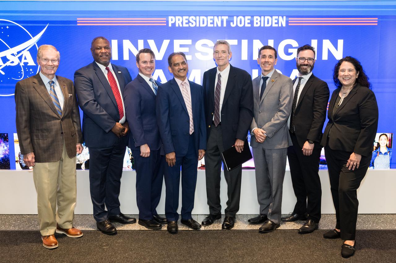 From left to right, NASA Administrator Bill Nelson, Daryl Carrington, Director of Business Development, OPR LLC, Timothy Richardson, FDSS-III Program Manager, OPR LLC, Ashok Jha, President, Adnet, and David Morris, Vice President, Adnet, Ed Aguayo, President, Newton LLC, Justin Ward, Vice President, Newton LLC, and Isabella Casillas Guzman, Administrator of the Small Business Administration (SBA), pose for a photo after SBA Administrator Guzman unveiled the 2022 Small Business Federal Procurement Scorecard, at an event hosted by NASA, Tuesday, July 18, 2023 in the Earth Information Center at the Mary W. Jackson NASA Headquarters building in Washington. For the sixth year in a row NASA has received an “A” rating from SBA for its work with small businesses. Photo Credit: (NASA/Aubrey Gemignani)