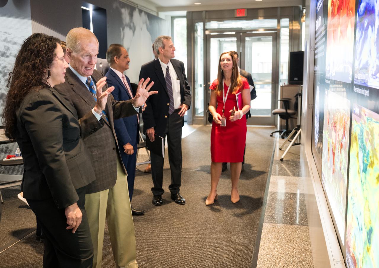 Isabella Casillas Guzman, Administrator of the Small Business Administration (SBA), left, views the Earth Information Center with NASA Administrator Bill Nelson after unveiling the 2022 Small Business Federal Procurement Scorecard, at an event hosted by NASA, Tuesday, July 18, 2023 at the Mary W. Jackson NASA Headquarters building in Washington. For the sixth year in a row NASA has received an “A” rating from SBA for its work with small businesses. Photo Credit: (NASA/Aubrey Gemignani)