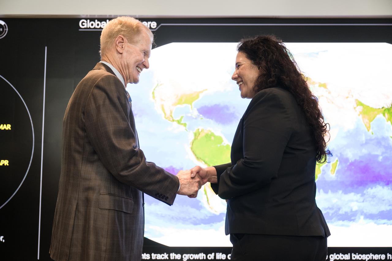 Isabella Casillas Guzman, Administrator of the Small Business Administration (SBA), right, shakes hands with NASA Administrator Bill Nelson at the conclusion of an event held to unveil the 2022 Small Business Federal Procurement Scorecard, Tuesday, July 18, 2023 at the Mary W. Jackson NASA Headquarters building in Washington. For the sixth year in a row NASA has received an “A” rating from SBA for its work with small businesses. Photo Credit: (NASA/Aubrey Gemignani)