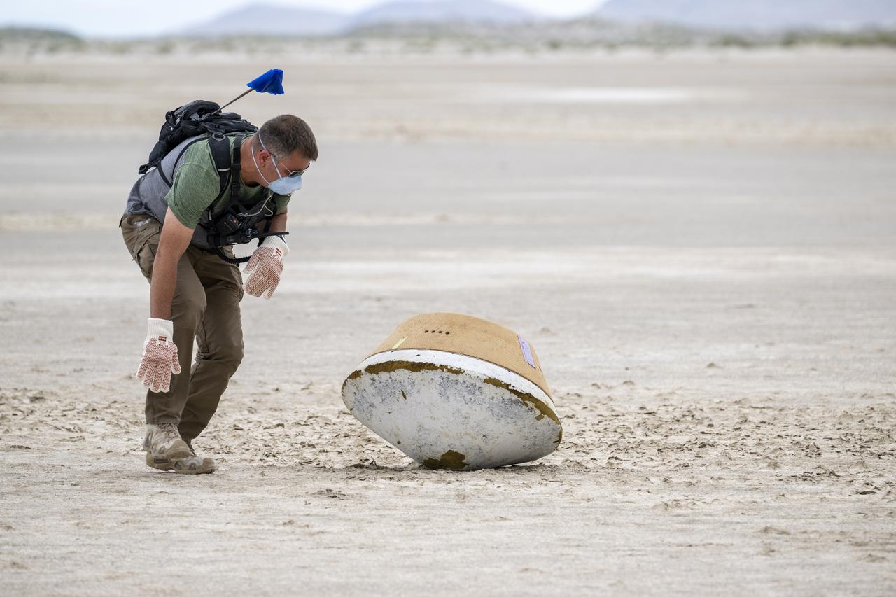 Recovery teams participate in field rehearsals in preparation for the retrieval of the sample return capsule from NASA's OSIRIS-REx mission, Tuesday, July 18, 2023, at the Department of Defense's Utah Test and Training Range. The sample was collected from the asteroid Bennu in October 2020 by NASA’s OSIRIS-REx spacecraft and will return to Earth on September 24th, landing under parachute at the Utah Test and Training Range. Photo Credit: (NASA/Keegan Barber)