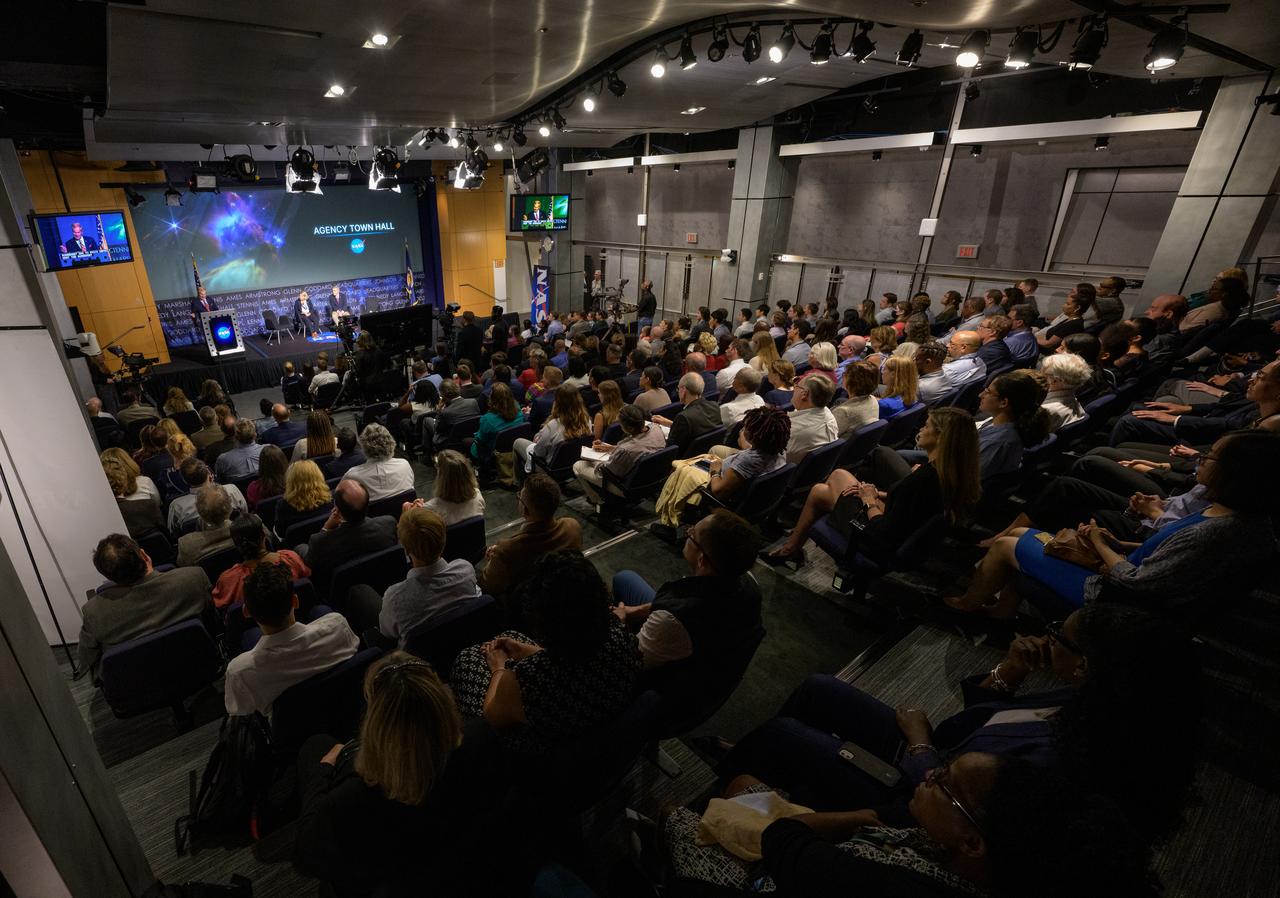 NASA Administrator Bill Nelson, NASA Deputy Administrator Pam Melroy, and NASA Associate Administrator Bob Cabana, are seen during a NASA town hall event, Wednesday, July 19, 2023, at the NASA Headquarters Mary W. Jackson Building in Washington. Photo Credit: (NASA/Bill Ingalls)