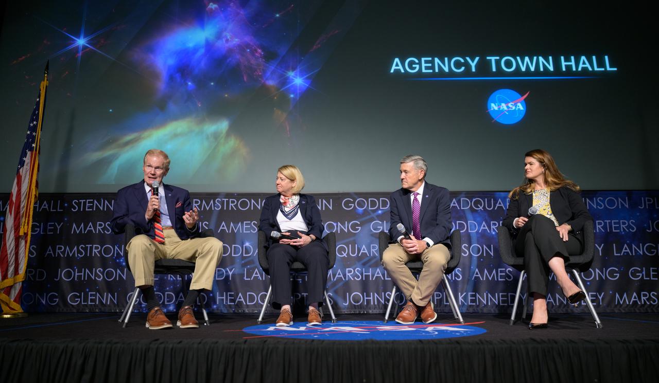 NASA Administrator Bill Nelson answers a question as NASA Deputy Administrator Pam Melroy, NASA Associate Administrator Bob Cabana, and NASA Deputy Associate Administrator Casey Swails, right, look on during a NASA town hall event, Wednesday, July 19, 2023, at the NASA Headquarters Mary W. Jackson Building in Washington. Photo Credit: (NASA/Bill Ingalls)