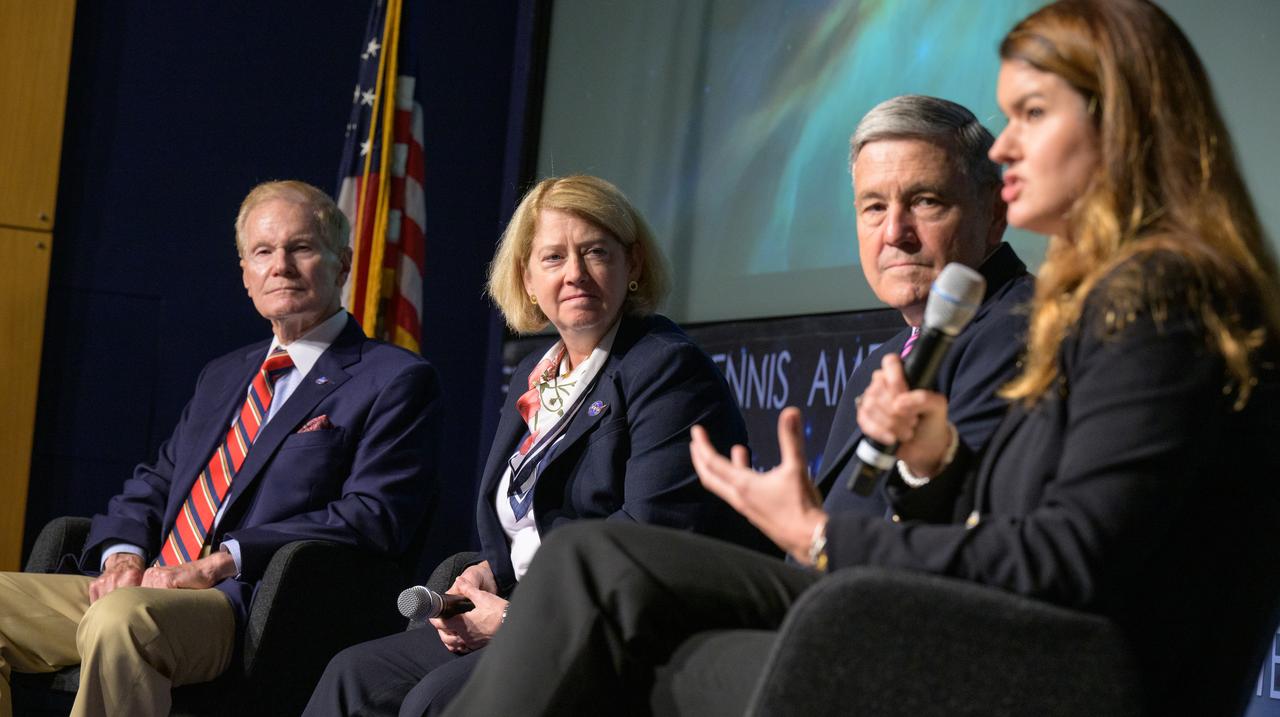 NASA Administrator Bill Nelson, left, NASA Deputy Administrator Pam Melroy, and NASA Associate Administrator Bob Cabana, listen as NASA Deputy Associate Administrator Casey Swails answers a question during a NASA town hall event, Wednesday, July 19, 2023, at the NASA Headquarters Mary W. Jackson Building in Washington. Photo Credit: (NASA/Bill Ingalls)