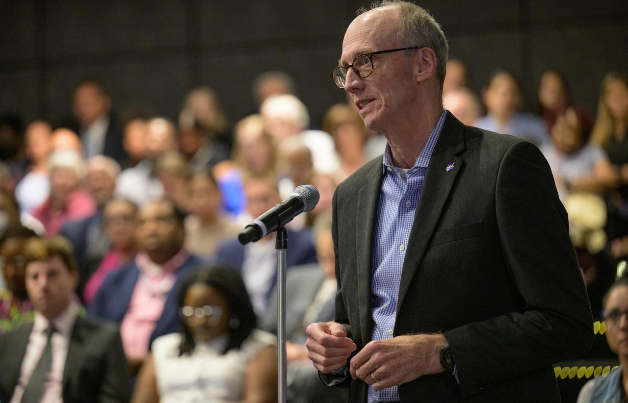 Gib Kirkham of NASA Headquarters asks a question during a NASA town hall event, Wednesday, July 19, 2023, at the NASA Headquarters Mary W. Jackson Building in Washington. Photo Credit: (NASA/Bill Ingalls)