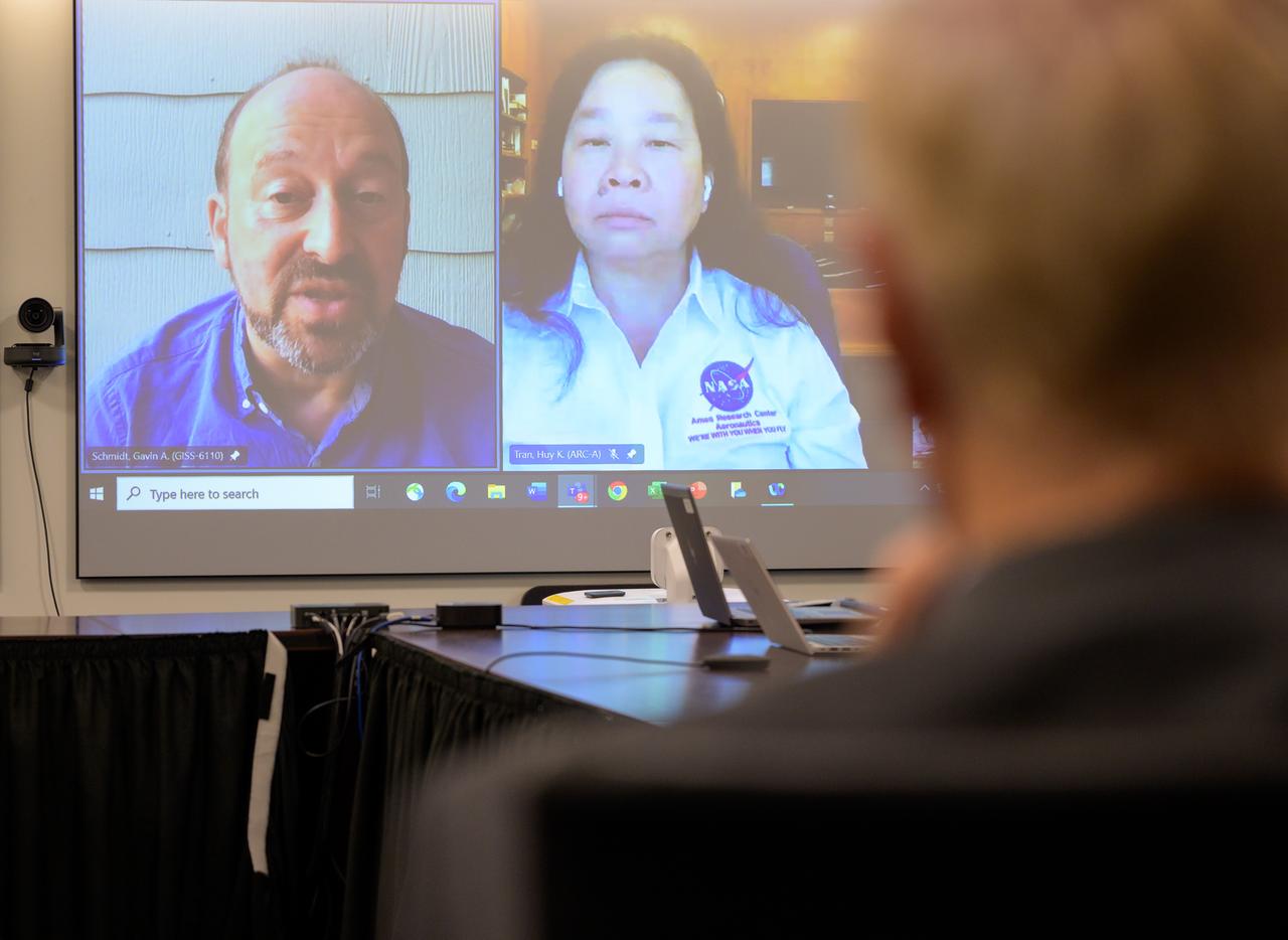 NASA Goddard Institute for Space Studies Director Gavin Schmidt, left, and NASA Ames Research Center Aeronautics Director Huy Tran highlight NASA’s climate work during a media roundtable, Thursday, July 20, 2023, at the NASA Headquarters Mary W. Jackson Building in Washington. Photo Credit: (NASA/Bill Ingalls)