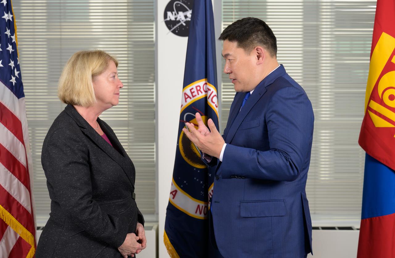 NASA Deputy Administrator Pam Melroy, left, welcomes Prime Minister Oyun-Erdene Luvsannamsrai of Mongolia as they meet to discuss space cooperation, Friday, Aug. 4, 2023, at the NASA Headquarters Mary W. Jackson Building in Washington. Photo Credit: (NASA/Bill Ingalls)