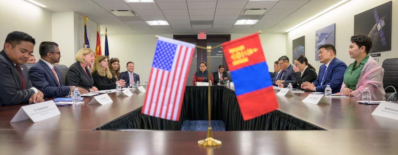 NASA Deputy Administrator Pam Melroy, center left, and Prime Minister Oyun-Erdene Luvsannamsrai of Mongolia, center right, meet to discuss space cooperation, Friday, Aug. 4, 2023, at the NASA Headquarters Mary W. Jackson Building in Washington. Photo Credit: (NASA/Bill Ingalls)