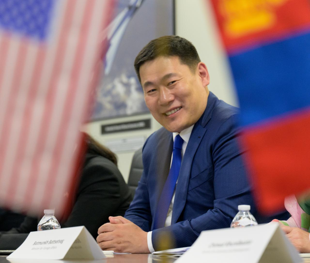 Prime Minister Oyun-Erdene Luvsannamsrai of Mongolia discusses space cooperation with NASA Deputy Administrator Pam Melroy during a meeting, Friday, Aug. 4, 2023, at the NASA Headquarters Mary W. Jackson Building in Washington. Photo Credit: (NASA/Bill Ingalls)
