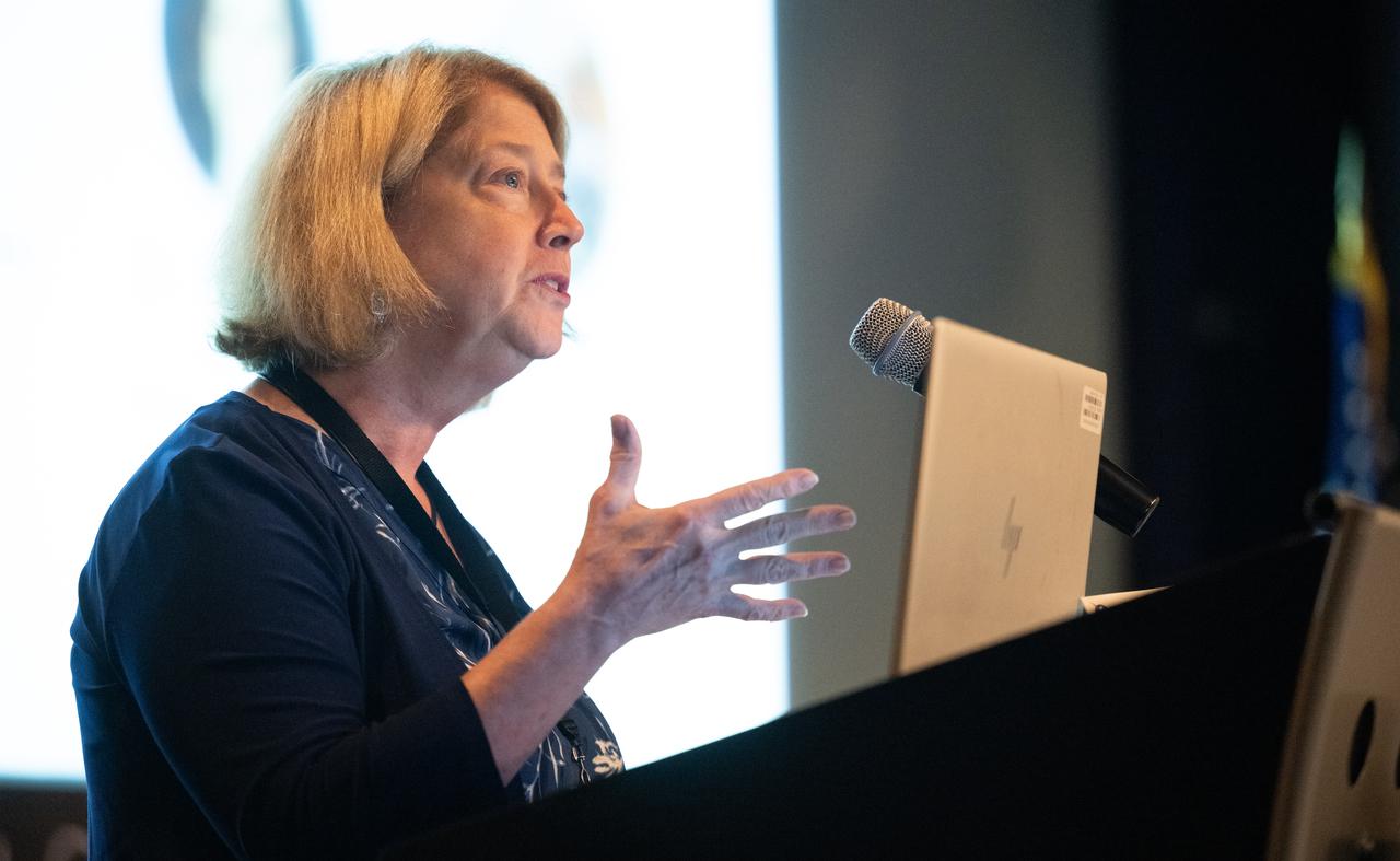 NASA Deputy Administrator Pam Melroy delivers closing remarks during the 2023 DEVELOP Day, Wednesday, Aug. 9, 2023, at the Mary W. Jackson NASA Headquarters building in Washington. Every summer students and young professionals from NASA’s Applied Sciences’ DEVELOP National Program come to NASA Headquarters to present their research. This year marks the 25th year of DEVELOP, a training and development program where students work on Earth science research projects, mentored by science advisors from NASA and partner agencies, and extend research results to local communities. Photo Credit: (NASA/Joel Kowsky)
