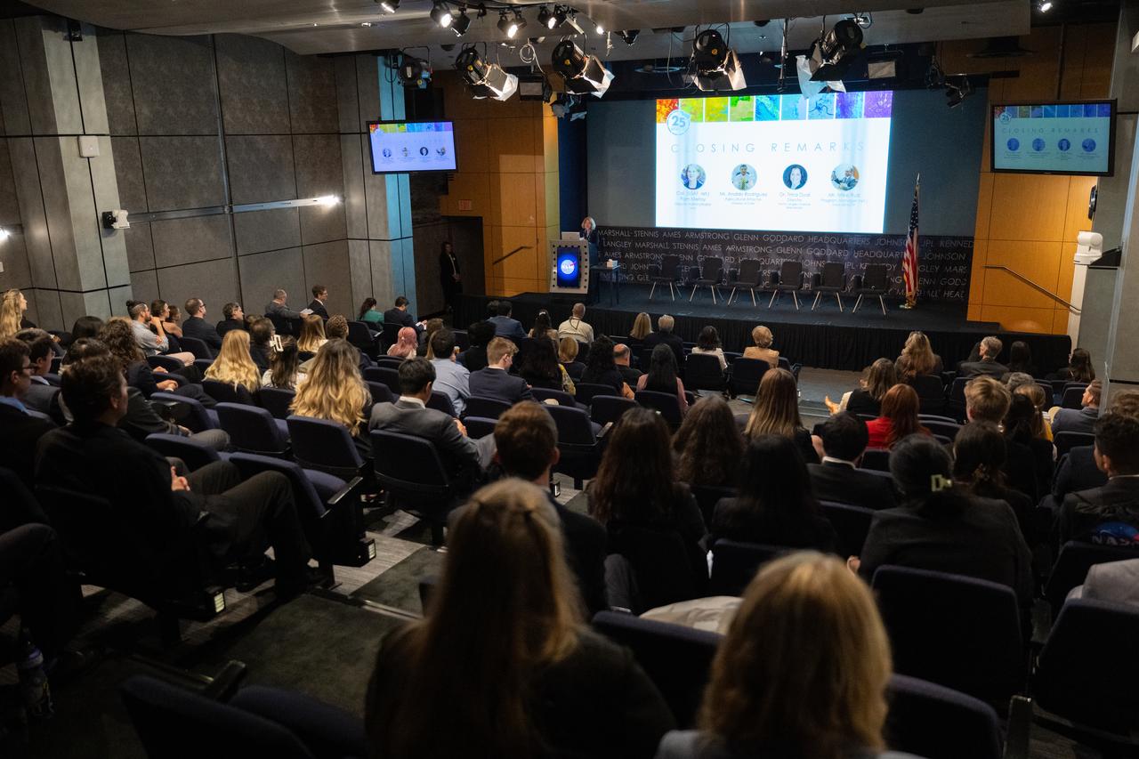 NASA Deputy Administrator Pam Melroy delivers closing remarks during the 2023 DEVELOP Day, Wednesday, Aug. 9, 2023, at the Mary W. Jackson NASA Headquarters building in Washington. Every summer students and young professionals from NASA’s Applied Sciences’ DEVELOP National Program come to NASA Headquarters to present their research. This year marks the 25th year of DEVELOP, a training and development program where students work on Earth science research projects, mentored by science advisors from NASA and partner agencies, and extend research results to local communities. Photo Credit: (NASA/Joel Kowsky)