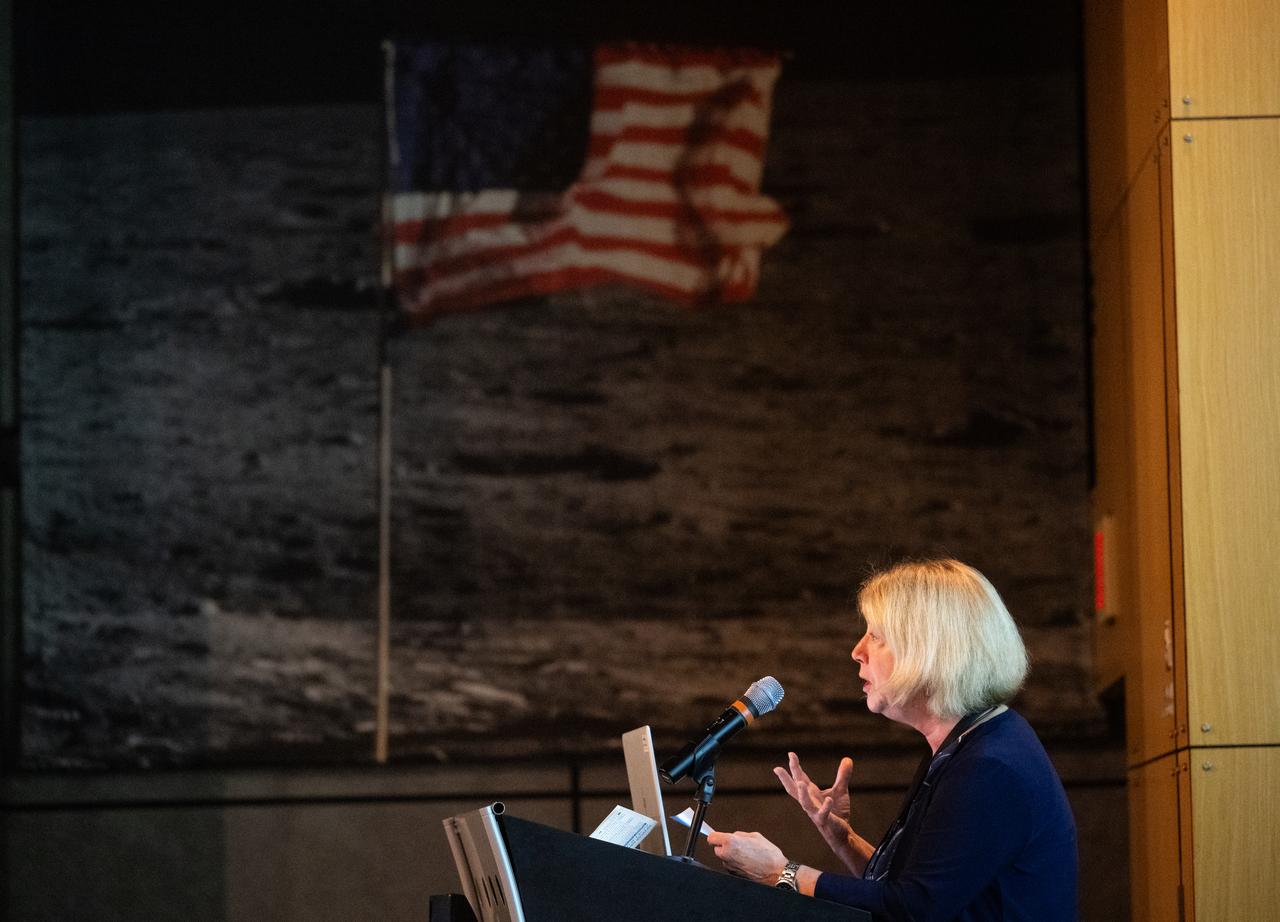NASA Deputy Administrator Pam Melroy delivers closing remarks during the 2023 DEVELOP Day, Wednesday, Aug. 9, 2023, at the Mary W. Jackson NASA Headquarters building in Washington. Every summer students and young professionals from NASA’s Applied Sciences’ DEVELOP National Program come to NASA Headquarters to present their research. This year marks the 25th year of DEVELOP, a training and development program where students work on Earth science research projects, mentored by science advisors from NASA and partner agencies, and extend research results to local communities. Photo Credit: (NASA/Joel Kowsky)