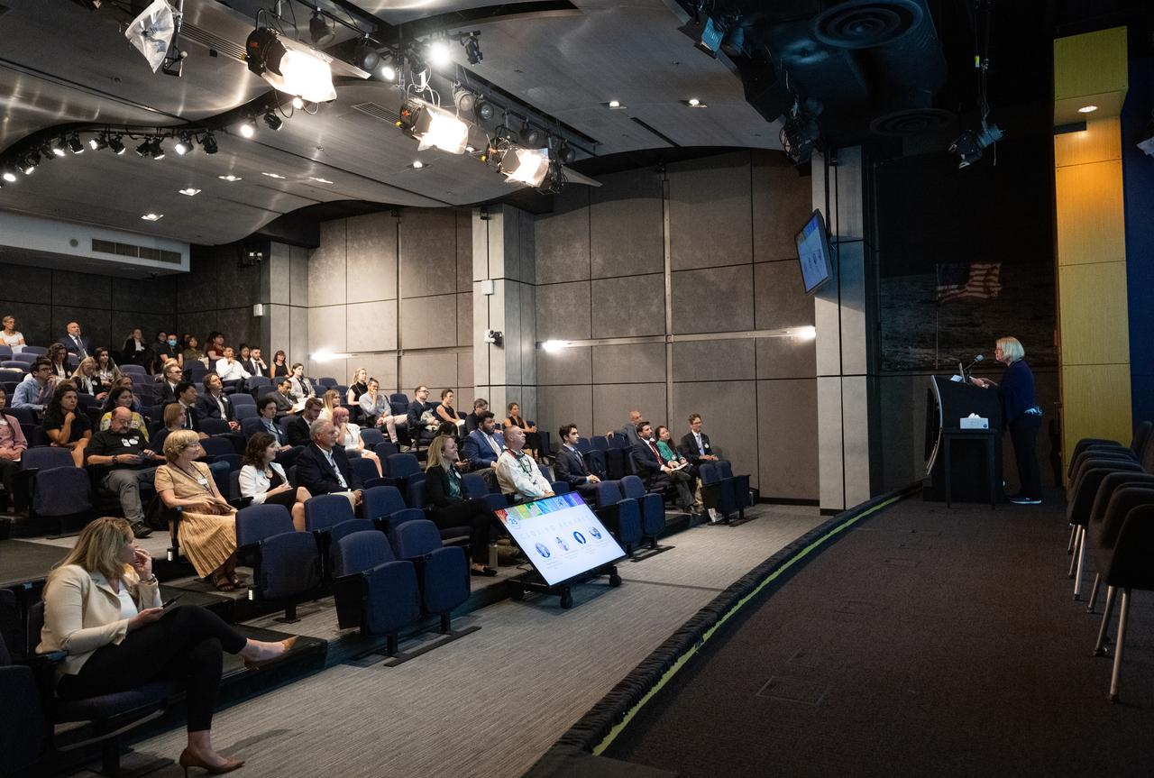 NASA Deputy Administrator Pam Melroy delivers closing remarks during the 2023 DEVELOP Day, Wednesday, Aug. 9, 2023, at the Mary W. Jackson NASA Headquarters building in Washington. Every summer students and young professionals from NASA’s Applied Sciences’ DEVELOP National Program come to NASA Headquarters to present their research. This year marks the 25th year of DEVELOP, a training and development program where students work on Earth science research projects, mentored by science advisors from NASA and partner agencies, and extend research results to local communities. Photo Credit: (NASA/Joel Kowsky)
