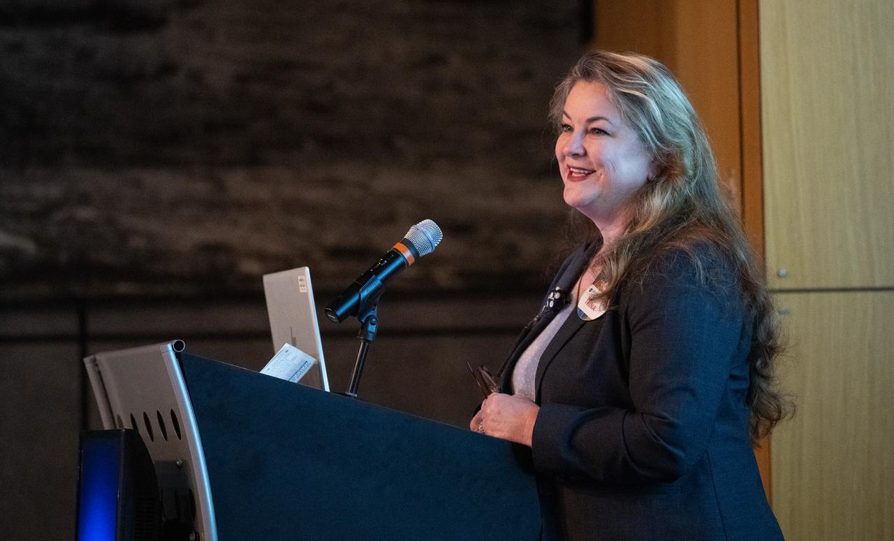 Trina Dyal, Director of the Science Directorate at NASA’s Langley Research Center, delivers closing remarks during the 2023 DEVELOP Day, Wednesday, Aug. 9, 2023, at the Mary W. Jackson NASA Headquarters building in Washington. Every summer students and young professionals from NASA’s Applied Sciences’ DEVELOP National Program come to NASA Headquarters to present their research. This year marks the 25th year of DEVELOP, a training and development program where students work on Earth science research projects, mentored by science advisors from NASA and partner agencies, and extend research results to local communities. Photo Credit: (NASA/Joel Kowsky)