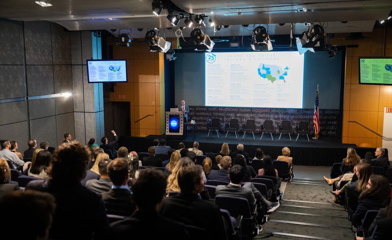 Mike Ruiz, former program manager for DEVELOP, delivers closing remarks during the 2023 DEVELOP Day, Wednesday, Aug. 9, 2023, at the Mary W. Jackson NASA Headquarters building in Washington. Every summer students and young professionals from NASA’s Applied Sciences’ DEVELOP National Program come to NASA Headquarters to present their research. This year marks the 25th year of DEVELOP, a training and development program where students work on Earth science research projects, mentored by science advisors from NASA and partner agencies, and extend research results to local communities. Photo Credit: (NASA/Joel Kowsky)