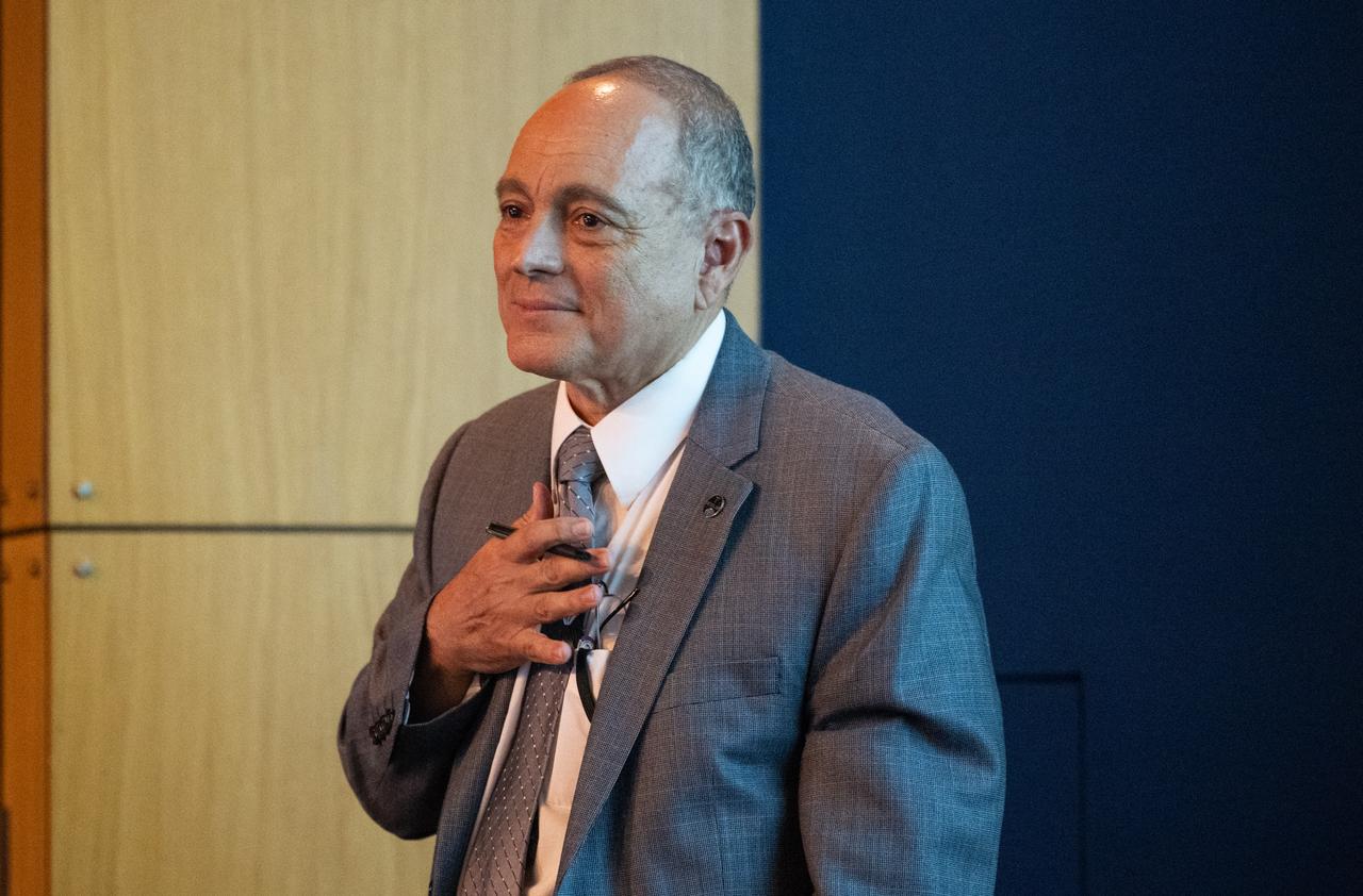 Mike Ruiz, former program manager for DEVELOP, delivers closing remarks during the 2023 DEVELOP Day, Wednesday, Aug. 9, 2023, at the Mary W. Jackson NASA Headquarters building in Washington. Every summer students and young professionals from NASA’s Applied Sciences’ DEVELOP National Program come to NASA Headquarters to present their research. This year marks the 25th year of DEVELOP, a training and development program where students work on Earth science research projects, mentored by science advisors from NASA and partner agencies, and extend research results to local communities. Photo Credit: (NASA/Joel Kowsky)