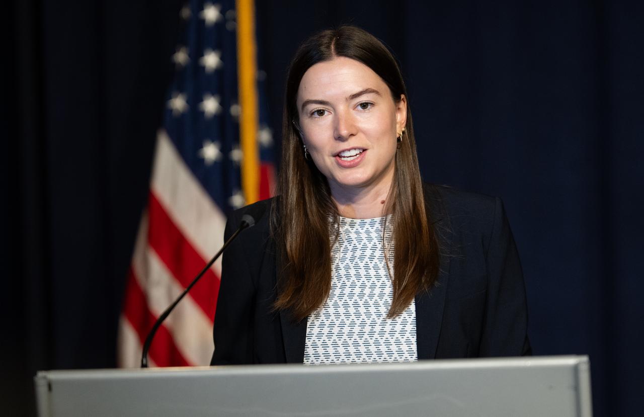 NASA Press Secretary Jackie McGuinness moderates a news conference to discuss the latest global temperature data, Monday, Aug. 14, 2023, at the Mary W. Jackson NASA Headquarters building in Washington. Photo Credit: (NASA/Joel Kowsky)