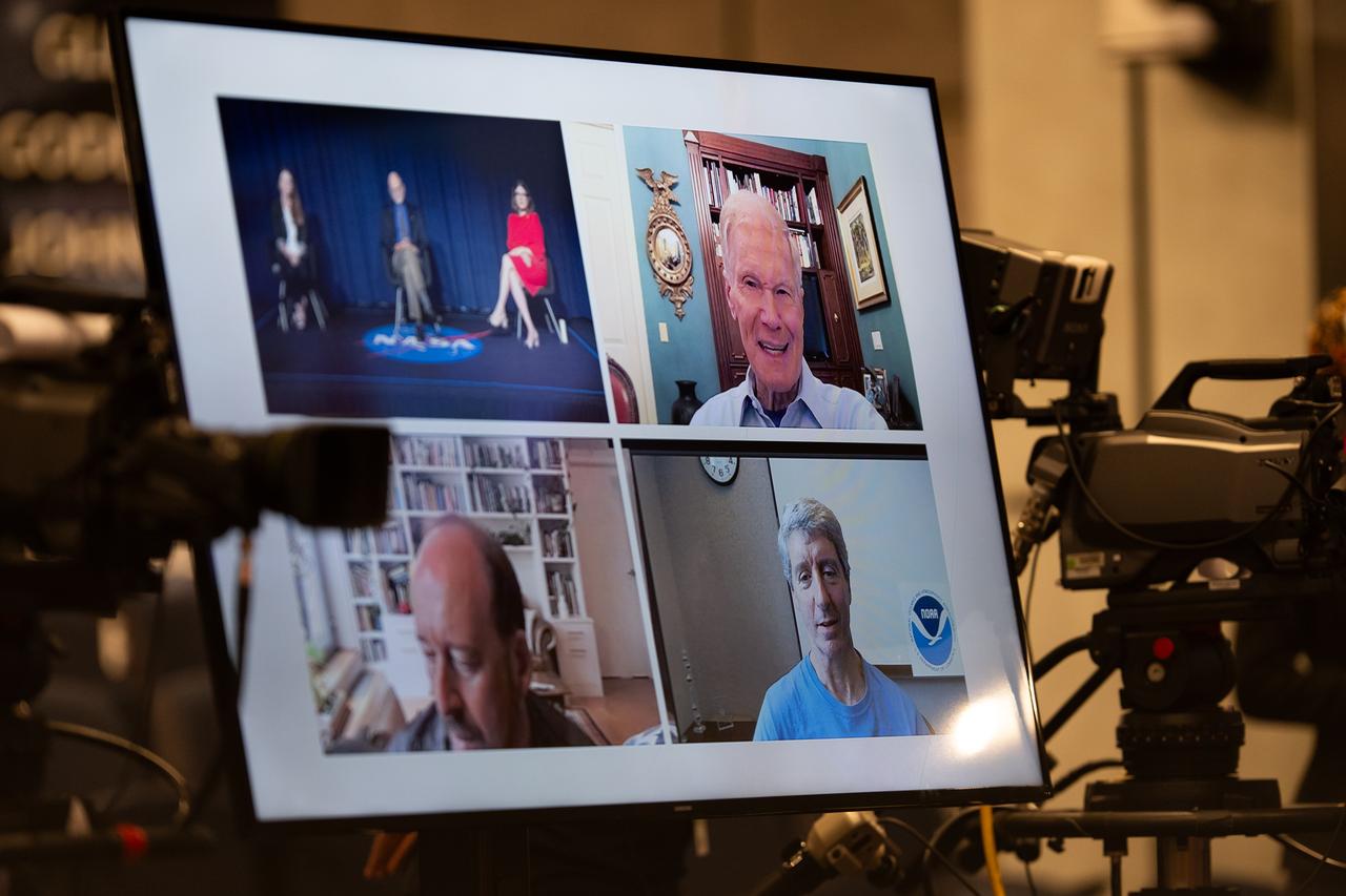 NASA Administrator Bill Nelson, upper right, is seen on a monitor as he speaks during a news conference to discuss the latest global temperature data, Monday, Aug. 14, 2023, at the Mary W. Jackson NASA Headquarters building in Washington.  Photo Credit: (NASA/Joel Kowsky)