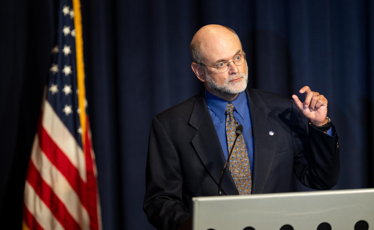 Carlos Del Castillo, chief of the Ocean Ecology Laboratory at NASA’s Goddard Space Flight Center, speaks during a news conference to discuss the latest global temperature data, Monday, Aug. 14, 2023, at the Mary W. Jackson NASA Headquarters building in Washington. Photo Credit: (NASA/Joel Kowsky)