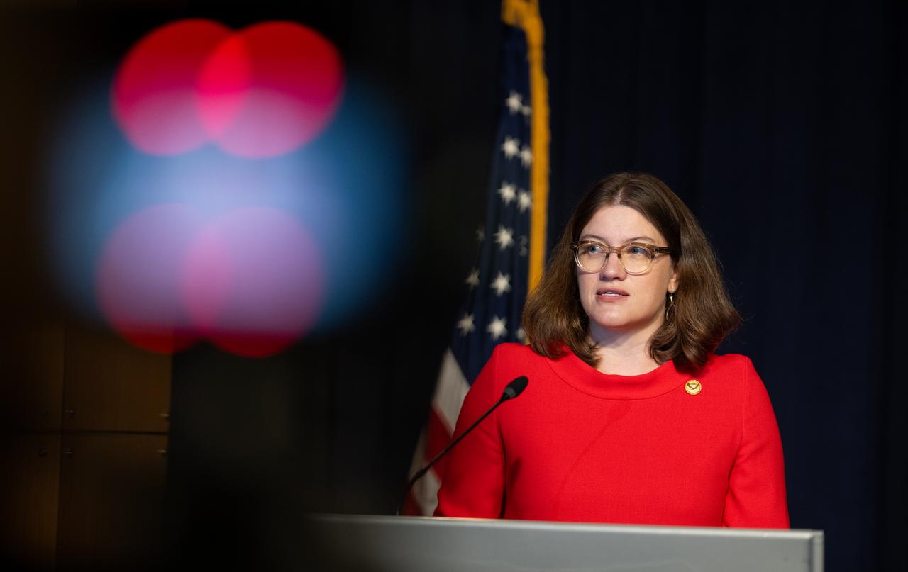 Sarah Kapnick, Chief Scientist at the National Oceanic and Atmospheric Administration, speaks during a news conference to discuss the latest global temperature data, Monday, Aug. 14, 2023, at the Mary W. Jackson NASA Headquarters building in Washington.  Photo Credit: (NASA/Joel Kowsky)