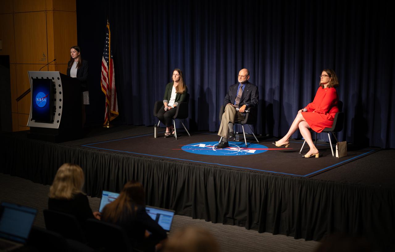 NASA Press Secretary Jackie McGuinness, left, Kate Calvin, NASA Chief Scientist and senior climate advisor, second from left, Carlos Del Castillo, chief of the Ocean Ecology Laboratory at NASA’s Goddard Space Flight Center, second from right, and Sarah Kapnick, Chief Scientist at the National Oceanic and Atmospheric Administration (NOAA), right, are seen during a news conference to discuss the latest global temperature data, Monday, Aug. 14, 2023, at the Mary W. Jackson NASA Headquarters building in Washington.  Photo Credit: (NASA/Joel Kowsky)