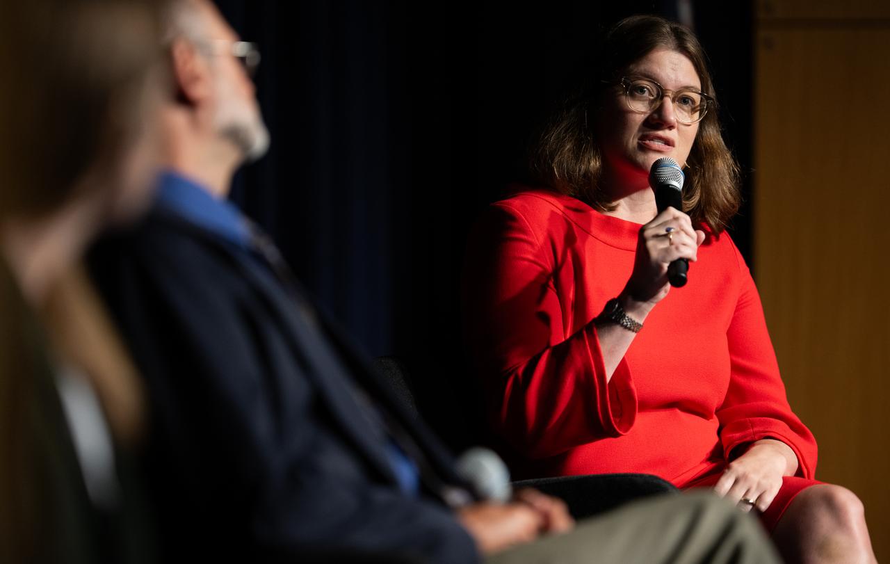 Sarah Kapnick, Chief Scientist at the National Oceanic and Atmospheric Administration, answers a question during a news conference to discuss the latest global temperature data, Monday, Aug. 14, 2023, at the Mary W. Jackson NASA Headquarters building in Washington.  Photo Credit: (NASA/Joel Kowsky)