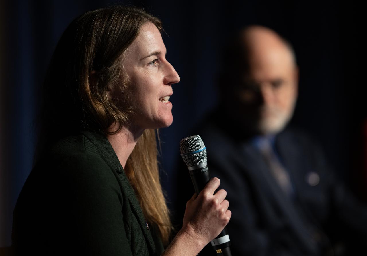 Kate Calvin, NASA Chief Scientist and senior climate advisor, answers a question during a news conference to discuss the latest global temperature data, Monday, Aug. 14, 2023, at the Mary W. Jackson NASA Headquarters building in Washington.  Photo Credit: (NASA/Joel Kowsky)