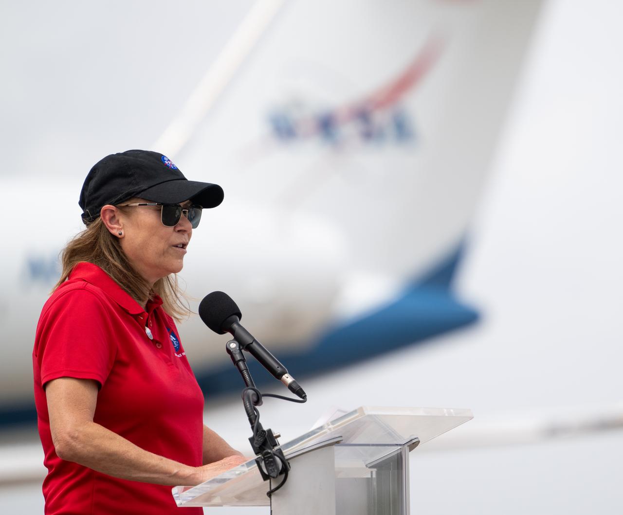 Kennedy Space Center director Janet Petro delivers remarks after NASA astronaut Jasmin Moghbeli, ESA (European Space Agency) astronaut Andreas Mogensen, Japan Aerospace Exploration Agency (JAXA) astronaut Satoshi Furukawa, and Roscosmos cosmonaut Konstantin Borisov, arrivied at the Launch and Landing Facility at NASA’s Kennedy Space Center in Florida ahead of the agency’s SpaceX Crew-7 mission, Sunday, Aug. 20, 2023. NASA’s SpaceX Crew-7 mission is the seventh crew rotation mission of the SpaceX Dragon spacecraft and Falcon 9 rocket to the International Space Station as part of the agency’s Commercial Crew Program. Moghbeli, Mogensen, Furukawa, and Borisov are scheduled to launch at 3:49 a.m. EDT on August 25, from Launch Complex 39A at the Kennedy Space Center. Photo Credit: (NASA/Joel Kowsky)