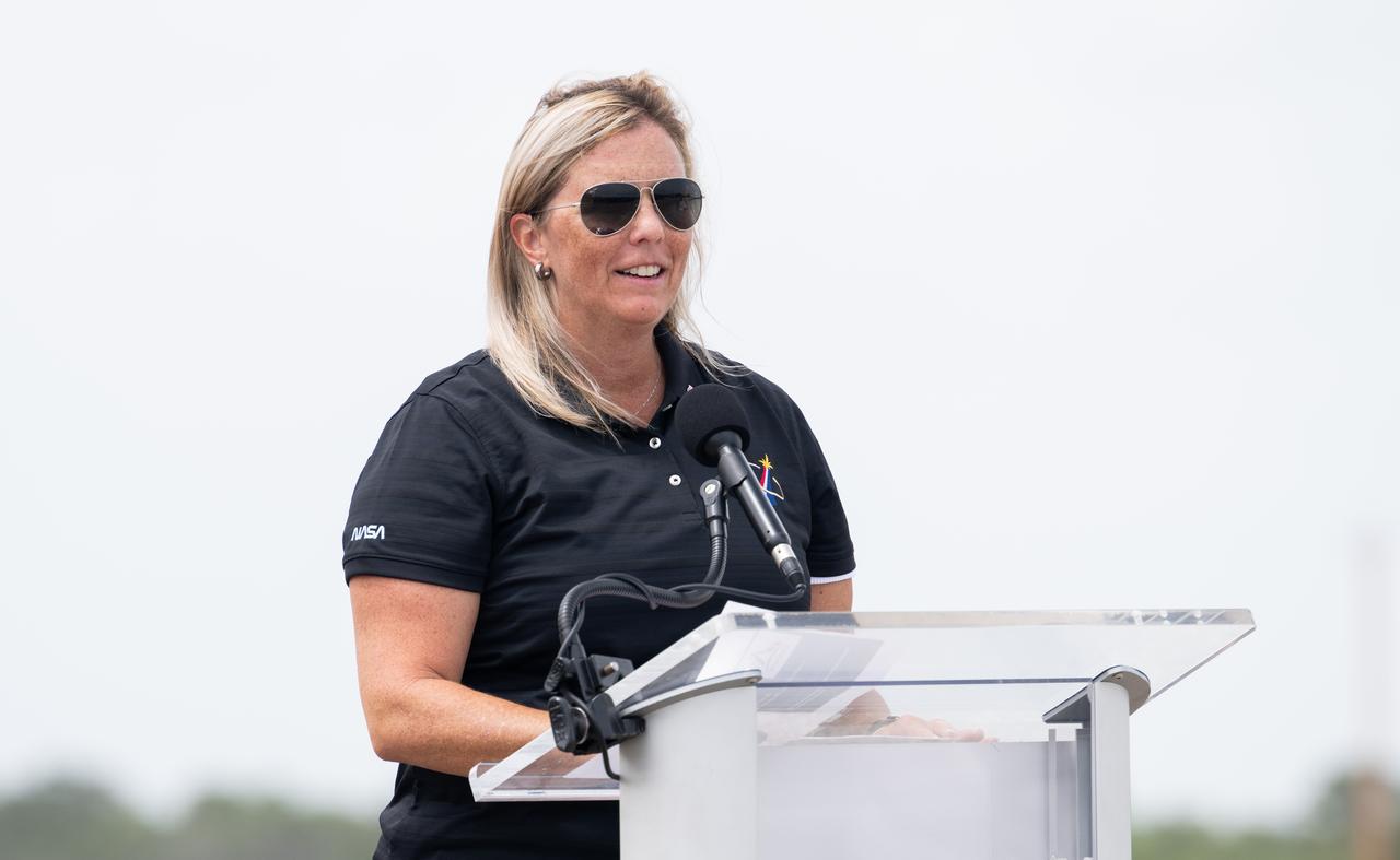 Dana Hutcherson, deputy manager of the Commercial Crew Program at NASA’s Kennedy Space Center delivers remarks after NASA astronaut Jasmin Moghbeli, ESA (European Space Agency) astronaut Andreas Mogensen, Japan Aerospace Exploration Agency (JAXA) astronaut Satoshi Furukawa, and Roscosmos cosmonaut Konstantin Borisov, arrived at the Launch and Landing Facility at NASA’s Kennedy Space Center in Florida ahead of the agency’s SpaceX Crew-7 mission, Sunday, Aug. 20, 2023. NASA’s SpaceX Crew-7 mission is the seventh crew rotation mission of the SpaceX Dragon spacecraft and Falcon 9 rocket to the International Space Station as part of the agency’s Commercial Crew Program. Moghbeli, Mogensen, Furukawa, and Borisov are scheduled to launch at 3:49 a.m. EDT on August 25, from Launch Complex 39A at the Kennedy Space Center. Photo Credit: (NASA/Joel Kowsky)