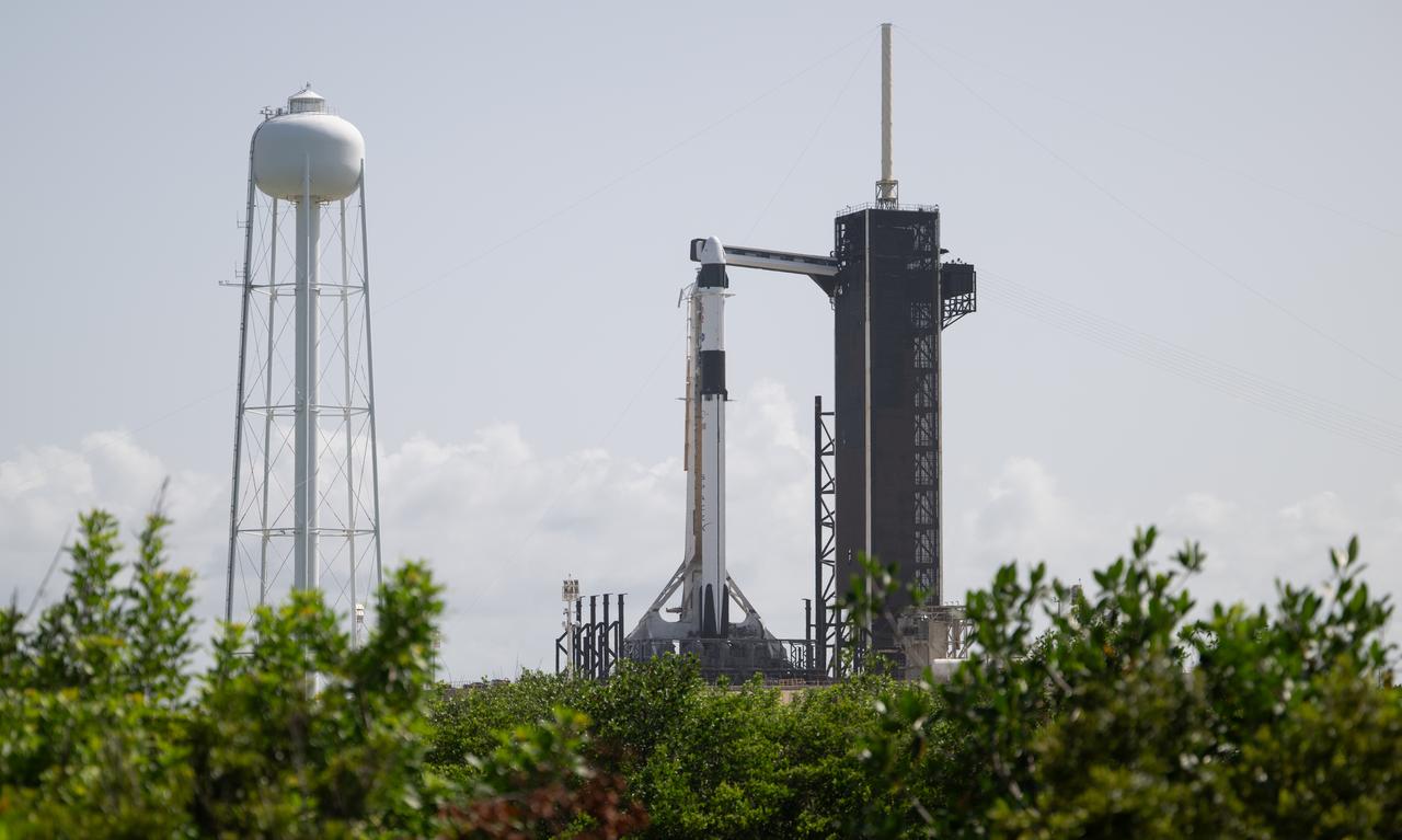 A SpaceX Falcon 9 rocket with the company's Dragon spacecraft on top is seen on the launch pad at Launch Complex 39A as preparations continue for the Crew-7 mission, Monday, Aug. 21, 2023, at NASA’s Kennedy Space Center in Florida. NASA’s SpaceX Crew-7 mission is the seventh crew rotation mission of the SpaceX Crew Dragon spacecraft and Falcon 9 rocket to the International Space Station as part of the agency’s Commercial Crew Program. NASA astronaut Jasmin Moghbeli, ESA (European Space Agency) astronaut Andreas Mogensen, Japan Aerospace Exploration Agency (JAXA) astronaut Satoshi Furukawa, and Roscosmos cosmonaut Konstantin Borisov are scheduled to launch at 3:49 a.m. EDT on Friday, August 25, from Launch Complex 39A at the Kennedy Space Center. Photo Credit: (NASA/Joel Kowsky)