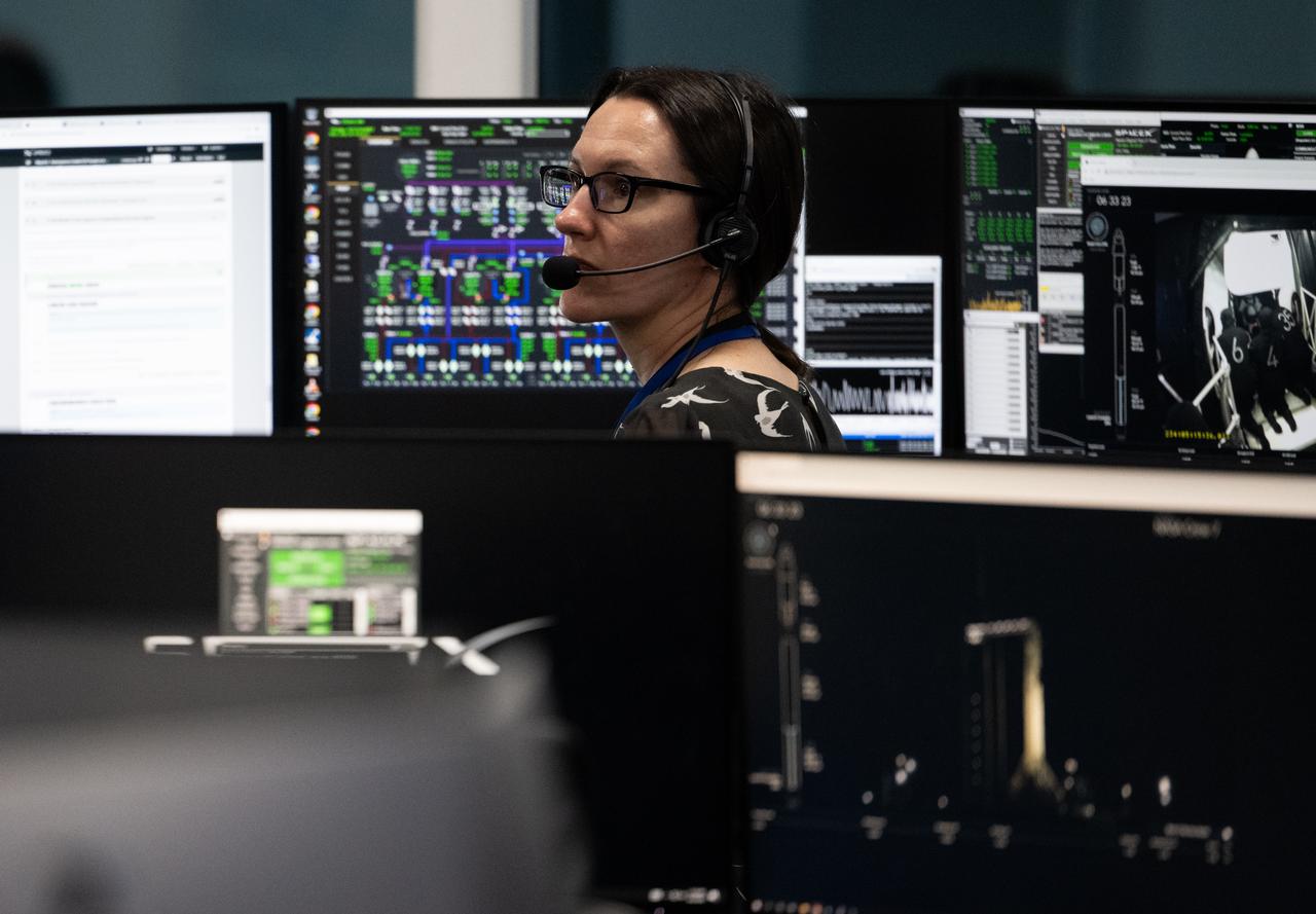 Nicole Jordan, manager of the Spacecraft Office for NASA's Commercial Crew Program, monitors the countdown during a dress rehearsal in preparation for the launch of a SpaceX Falcon 9 rocket carrying the company's Dragon spacecraft on NASA’s SpaceX Crew-7 mission with NASA astronaut Jasmin Moghbeli, ESA (European Space Agency) astronaut Andreas Mogensen, Japan Aerospace Exploration Agency (JAXA) astronaut Satoshi Furukawa, and Roscosmos cosmonaut Konstantin Borisov onboard, Tuesday, Aug. 22, 2023, in SpaceX’s SpaceX’s Launch and Landing Control Center in HangerX at NASA’s Kennedy Space Center in Florida. NASA’s SpaceX Crew-7 mission is the seventh crew rotation mission of the SpaceX Dragon spacecraft and Falcon 9 rocket to the International Space Station as part of the agency’s Commercial Crew Program. Moghbeli, Mogensen, Furukawa, and Borisov are scheduled to launch on 3:49 a.m. EDT on Friday, August 25, from Launch Complex 39A at the Kennedy Space Center. Photo Credit: (NASA/Joel Kowsky)