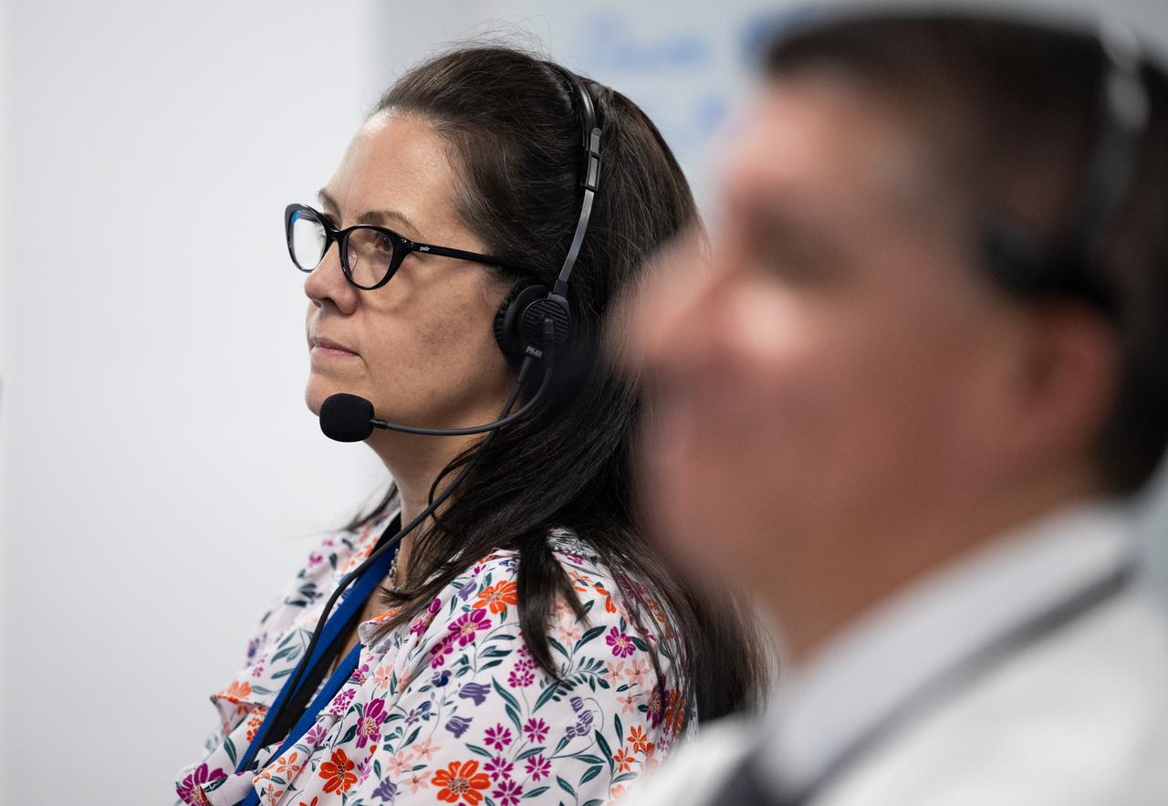 Emily Nelson, NASA's chief flight director, monitors the countdown of the launch of a SpaceX Falcon 9 rocket carrying the company's Dragon spacecraft on NASA’s SpaceX Crew-7 mission with NASA astronaut Jasmin Moghbeli, ESA (European Space Agency) astronaut Andreas Mogensen, Japan Aerospace Exploration Agency (JAXA) astronaut Satoshi Furukawa, and Roscosmos cosmonaut Konstantin Borisov onboard, Saturday, Aug. 26, 2023, in SpaceX’s Launch and Landing Control Center in HangerX at NASA’s Kennedy Space Center in Florida. NASA’s SpaceX Crew-7 mission is the first crew rotation mission of the SpaceX Dragon spacecraft and Falcon 9 rocket to the International Space Station as part of the agency’s Commercial Crew Program. Moghbeli, Mogensen, Furukawa, and Borisov launched at 3:27 a.m. EDT from Launch Complex 39A at the Kennedy Space Center. Photo Credit: (NASA/Joel Kowsky)
