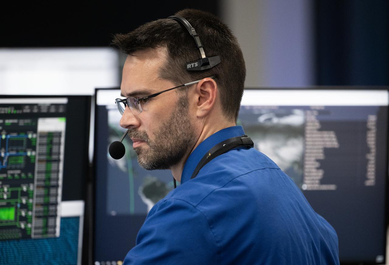 John Posey, lead engineer for Dragon in NASA’s Commercial Crew Program, monitors the countdown of the launch of a SpaceX Falcon 9 rocket carrying the company's Dragon spacecraft on NASA’s SpaceX Crew-7 mission with NASA astronaut Jasmin Moghbeli, ESA (European Space Agency) astronaut Andreas Mogensen, Japan Aerospace Exploration Agency (JAXA) astronaut Satoshi Furukawa, and Roscosmos cosmonaut Konstantin Borisov onboard, Saturday, Aug. 26, 2023, in SpaceX’s Launch and Landing Control Center in HangerX at NASA’s Kennedy Space Center in Florida. NASA’s SpaceX Crew-7 mission is the first crew rotation mission of the SpaceX Dragon spacecraft and Falcon 9 rocket to the International Space Station as part of the agency’s Commercial Crew Program. Moghbeli, Mogensen, Furukawa, and Borisov launched at 3:27 a.m. EDT from Launch Complex 39A at the Kennedy Space Center. Photo Credit: (NASA/Joel Kowsky)