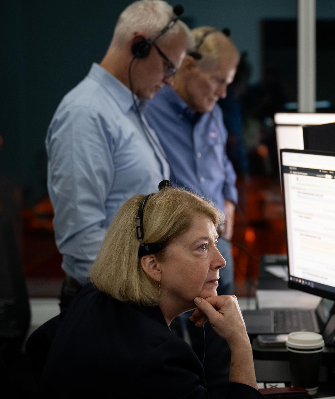 NASA Deputy Administrator Pam Melroy monitors the countdown of the launch of a SpaceX Falcon 9 rocket carrying the company's Dragon spacecraft on NASA’s SpaceX Crew-7 mission with NASA astronaut Jasmin Moghbeli, ESA (European Space Agency) astronaut Andreas Mogensen, Japan Aerospace Exploration Agency (JAXA) astronaut Satoshi Furukawa, and Roscosmos cosmonaut Konstantin Borisov onboard, Saturday, Aug. 26, 2023, in SpaceX’s Launch and Landing Control Center in HangerX at NASA’s Kennedy Space Center in Florida. NASA’s SpaceX Crew-7 mission is the first crew rotation mission of the SpaceX Dragon spacecraft and Falcon 9 rocket to the International Space Station as part of the agency’s Commercial Crew Program. Moghbeli, Mogensen, Furukawa, and Borisov launched at 3:27 a.m. EDT from Launch Complex 39A at the Kennedy Space Center. Photo Credit: (NASA/Joel Kowsky)