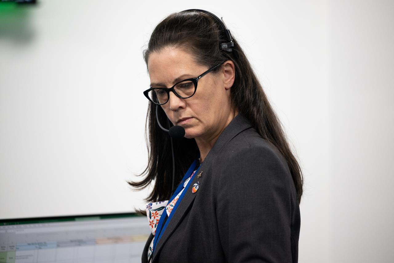 Emily Nelson, NASA's chief flight director, monitors the countdown of the launch of a SpaceX Falcon 9 rocket carrying the company's Dragon spacecraft on NASA’s SpaceX Crew-7 mission with NASA astronaut Jasmin Moghbeli, ESA (European Space Agency) astronaut Andreas Mogensen, Japan Aerospace Exploration Agency (JAXA) astronaut Satoshi Furukawa, and Roscosmos cosmonaut Konstantin Borisov onboard, Saturday, Aug. 26, 2023, in SpaceX’s Launch and Landing Control Center in HangerX at NASA’s Kennedy Space Center in Florida. NASA’s SpaceX Crew-7 mission is the first crew rotation mission of the SpaceX Dragon spacecraft and Falcon 9 rocket to the International Space Station as part of the agency’s Commercial Crew Program. Moghbeli, Mogensen, Furukawa, and Borisov launched at 3:27 a.m. EDT from Launch Complex 39A at the Kennedy Space Center. Photo Credit: (NASA/Joel Kowsky)