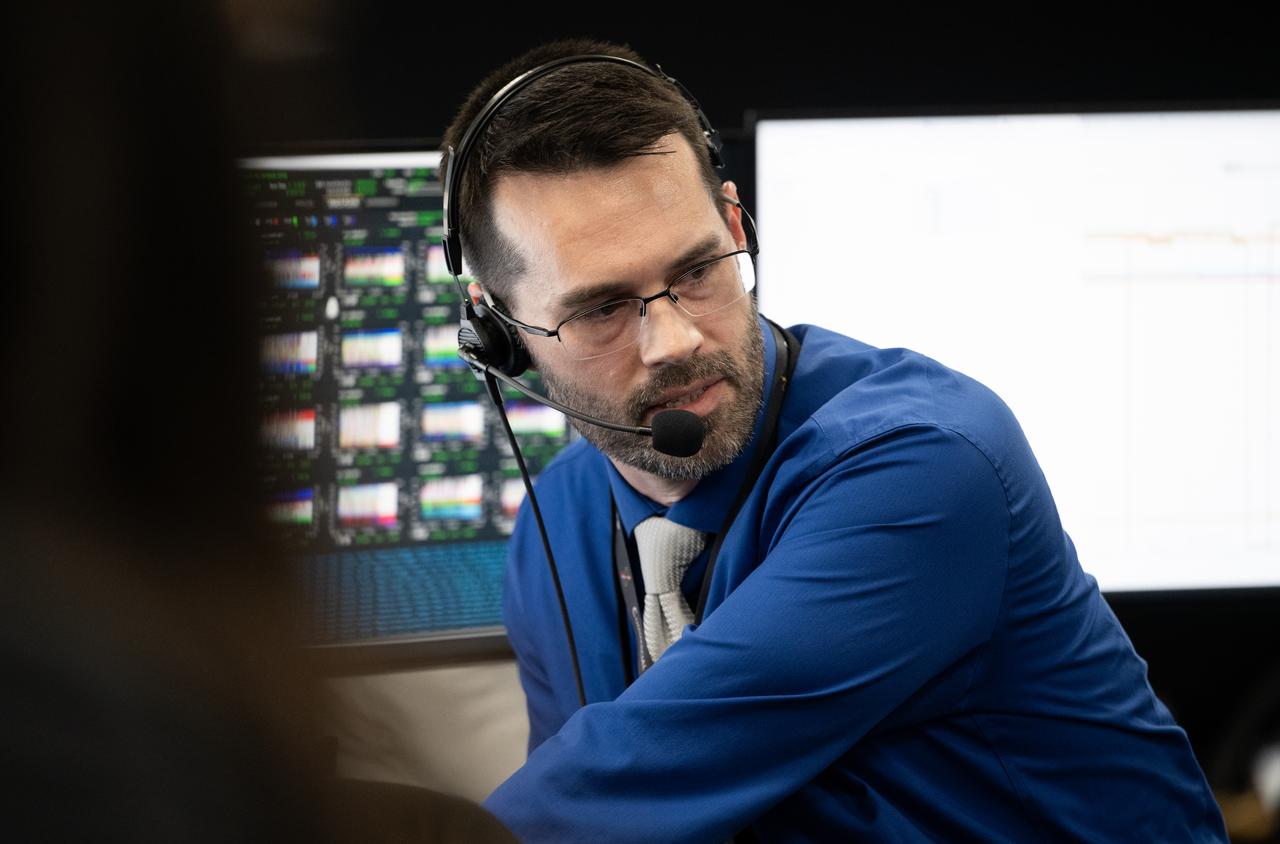 John Posey, lead engineer for Dragon in NASA’s Commercial Crew Program, monitors the countdown of the launch of a SpaceX Falcon 9 rocket carrying the company's Dragon spacecraft on NASA’s SpaceX Crew-7 mission with NASA astronaut Jasmin Moghbeli, ESA (European Space Agency) astronaut Andreas Mogensen, Japan Aerospace Exploration Agency (JAXA) astronaut Satoshi Furukawa, and Roscosmos cosmonaut Konstantin Borisov onboard, Saturday, Aug. 26, 2023, in SpaceX’s Launch and Landing Control Center in HangerX at NASA’s Kennedy Space Center in Florida. NASA’s SpaceX Crew-7 mission is the first crew rotation mission of the SpaceX Dragon spacecraft and Falcon 9 rocket to the International Space Station as part of the agency’s Commercial Crew Program. Moghbeli, Mogensen, Furukawa, and Borisov launched at 3:27 a.m. EDT from Launch Complex 39A at the Kennedy Space Center. Photo Credit: (NASA/Joel Kowsky)