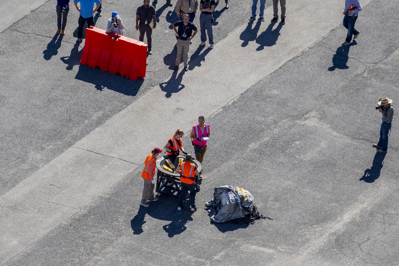 Recovery teams participate in field rehearsals in preparation for the retrieval of the sample return capsule from NASA's OSIRIS-REx mission, Tuesday, Aug. 29, 2023, at the Department of Defense's Utah Test and Training Range. The sample was collected from the asteroid Bennu in October 2020 by NASA’s OSIRIS-REx spacecraft and will return to Earth on September 24th, landing under parachute at the Utah Test and Training Range. Photo Credit: (NASA/Keegan Barber)