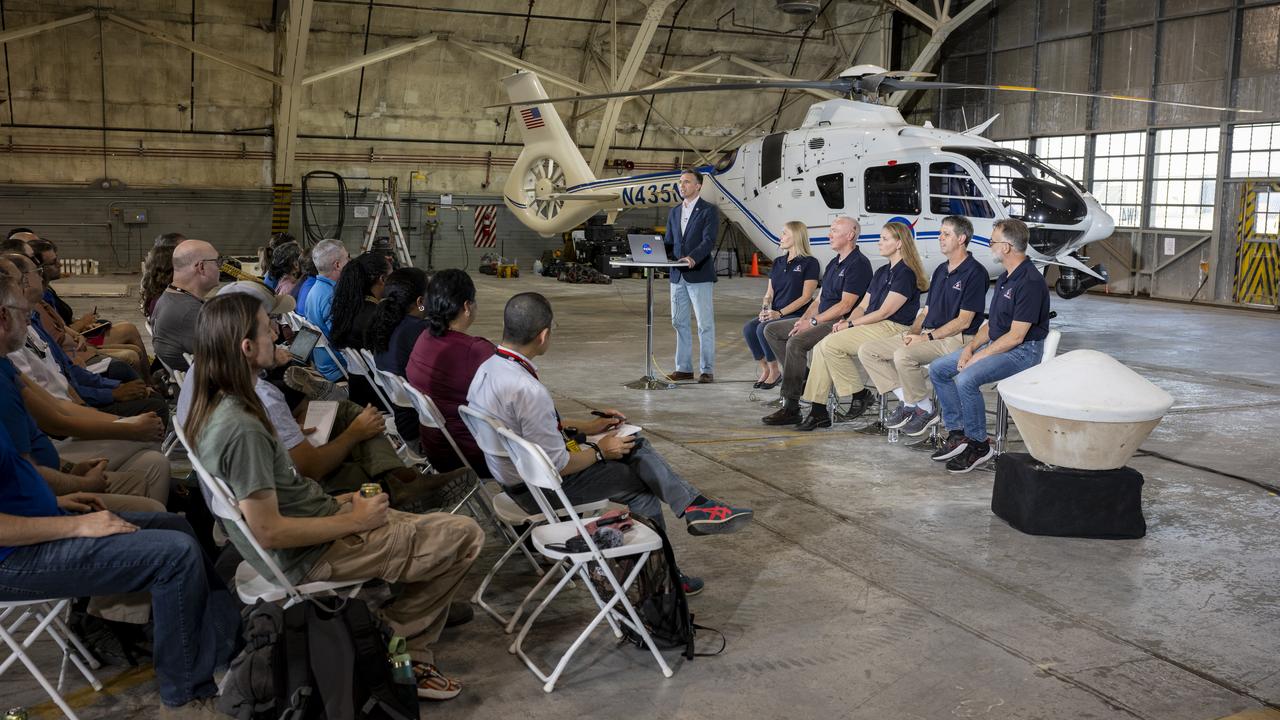 NASA Office of Communications Deputy Chief Patrick Lynch, left, introduces, from left to right, NASA Program Executive Melissa Morris, NASA Project Manager Rich Burns, Lockheed Martin Program Manager Sandy Freund, OSIRIS-REx Deputy Curation Lead Kevin Righter, and University of Arizona OSIRIS-REx Principal Investigator Dante Lauretta, during an OSIRIS-REx sample return press conference, Wednesday, Aug. 30, 2023, at the Department of Defense's Utah Test and Training Range. The sample was collected from the asteroid Bennu in October 2020 by NASA’s OSIRIS-REx spacecraft and will return to Earth on September 24th, landing under parachute at the Utah Test and Training Range. Photo Credit: (NASA/Keegan Barber)