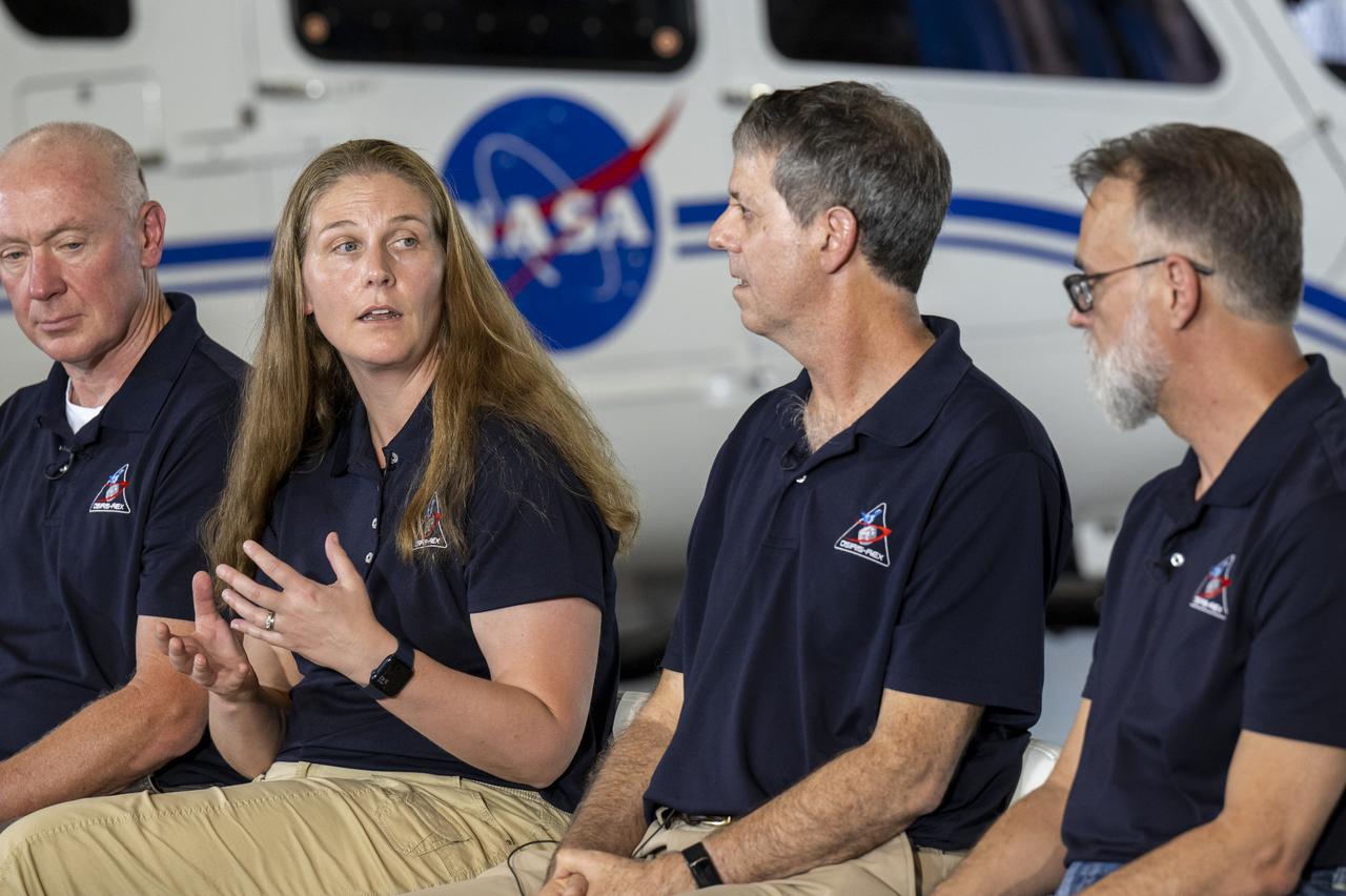 Lockheed Martin Program Manager Sandy Freund, second from left, answers questions from reporters during an OSIRIS-REx sample return press conference, Wednesday, Aug. 30, 2023, at the Department of Defense's Utah Test and Training Range. The sample was collected from the asteroid Bennu in October 2020 by NASA’s OSIRIS-REx spacecraft and will return to Earth on September 24th, landing under parachute at the Utah Test and Training Range. Photo Credit: (NASA/Keegan Barber)