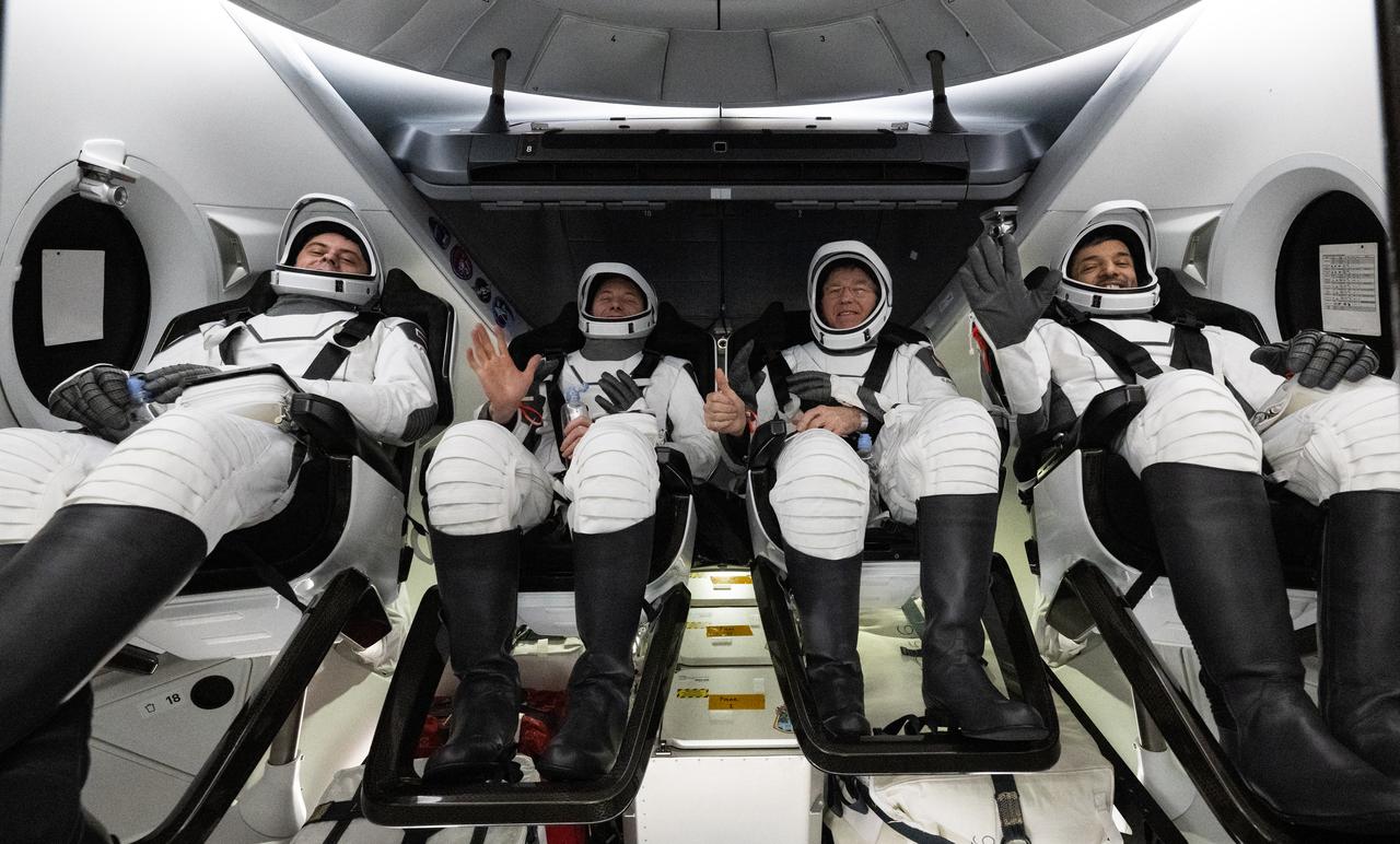 Roscosmos cosmonaut Andrey Fedyaev, left, NASA astronaut Warren “Woody" Hoburg, second from left, NASA astronaut Stephen Bowen, second from right, and UAE (United Arab Emirates) astronaut Sultan Alneyadi, right,  are seen inside the SpaceX Dragon Endeavour spacecraft onboard the SpaceX recovery ship MEGAN shortly after having landed in the Atlantic Ocean off the coast of Jacksonville, Florida, Monday, Sept. 4, 2023. Bowen, Hoburg, Alneyadi, and Fedyaev are returning after nearly six-months in space as part of Expedition 69 aboard the International Space Station. Photo Credit: (NASA/Joel Kowsky)
