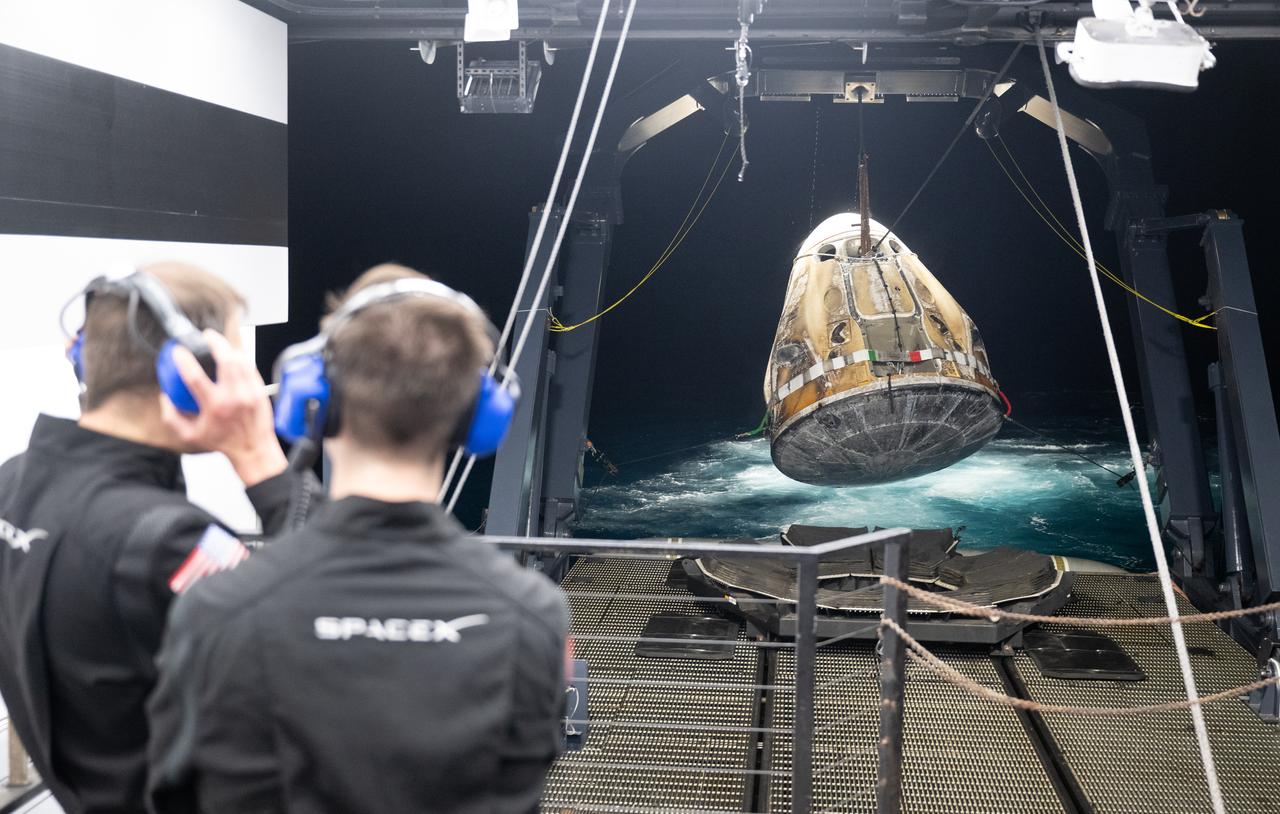 Support teams raise the SpaceX Dragon Endeavour spacecraft aboard the recovery ship MEGAN shortly after it landed with NASA astronauts Stephen Bowen and Warren "Woody" Hoburg, UAE (United Arab Emirates) astronaut Sultan Alneyadi, and Roscosmos cosmonaut Andrey Fedyaev aboard in theAtlantic Ocean off the coast of Jacksonville, Florida, Monday, Sept. 4, 2023. Bowen, Hoburg, Alneyadi, and Fedyaev are returning after nearly six-months in space as part of Expedition 69 aboard the International Space Station. Photo Credit: (NASA/Joel Kowsky)