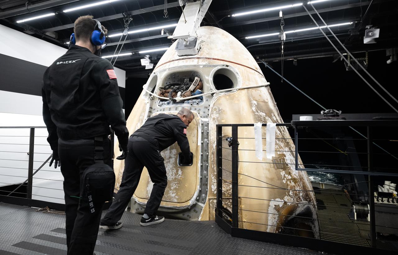Support teams onboard the SpaceX recovery ship MEGAN work to open the hatch of the SpaceX Dragon Endeavour spacecraft shortly after it landed with NASA astronauts Stephen Bowen and Warren "Woody" Hoburg, UAE (United Arab Emirates) astronaut Sultan Alneyadi, and Roscosmos cosmonaut Andrey Fedyaev aboard in the Atlantic Ocean off the coast of Jacksonville, Florida, Monday, Sept. 4, 2023. Bowen, Hoburg, Alneyadi, and Fedyaev are returning after nearly six-months in space as part of Expedition 69 aboard the International Space Station. Photo Credit: (NASA/Joel Kowsky)