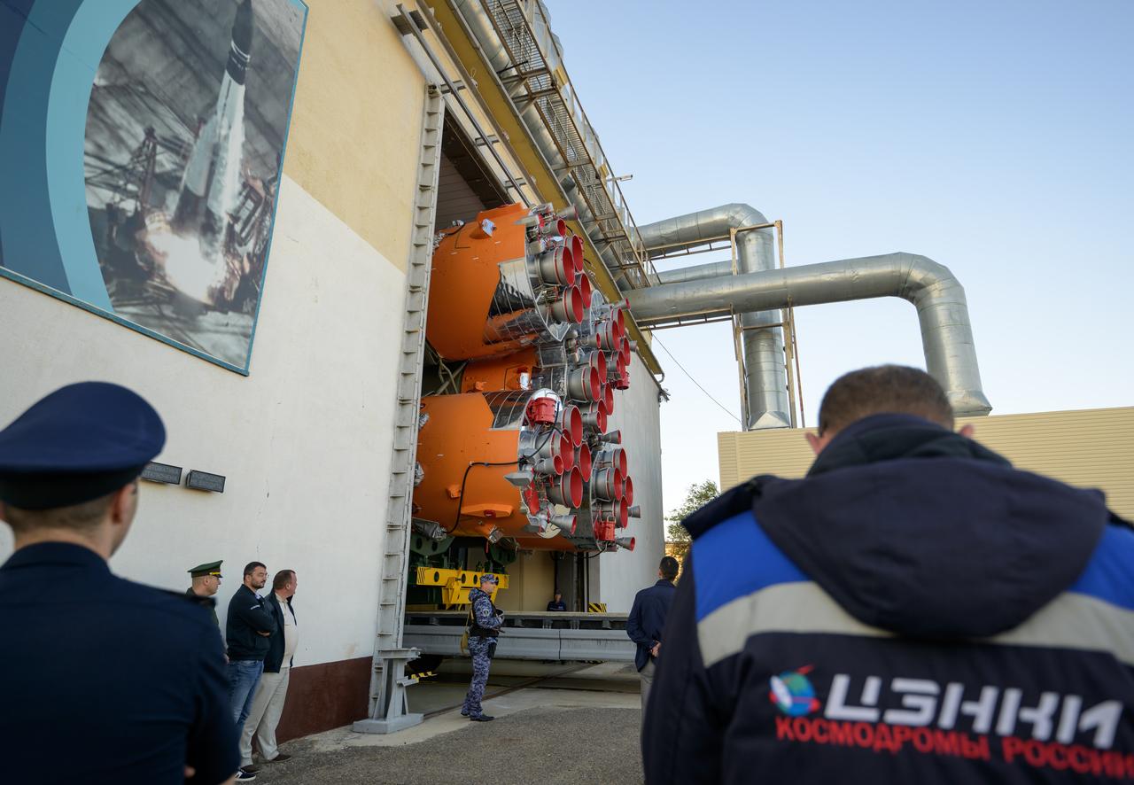 The Soyuz rocket is rolled out by train to the launch pad at Site 31, Tuesday, Sept. 12, 2023, at the Baikonur Cosmodrome in Kazakhstan. Expedition 70 NASA astronaut Loral O'Hara, Roscosmos cosmonauts Oleg Kononenko, and Nikolai Chub are scheduled to launch aboard their Soyuz MS-24 spacecraft on Sept. 15. Photo Credit: (NASA/Bill Ingalls)