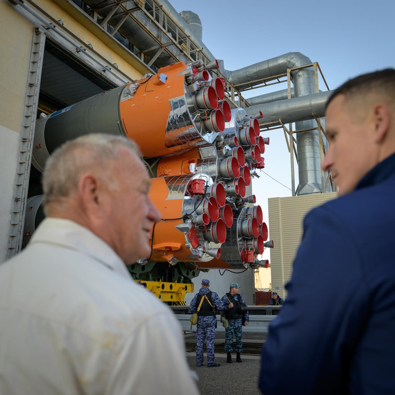The Soyuz rocket is rolled out by train to the launch pad at Site 31, Tuesday, Sept. 12, 2023, at the Baikonur Cosmodrome in Kazakhstan. Expedition 70 NASA astronaut Loral O'Hara, Roscosmos cosmonauts Oleg Kononenko, and Nikolai Chub are scheduled to launch aboard their Soyuz MS-24 spacecraft on Sept. 15. Photo Credit: (NASA/Bill Ingalls)