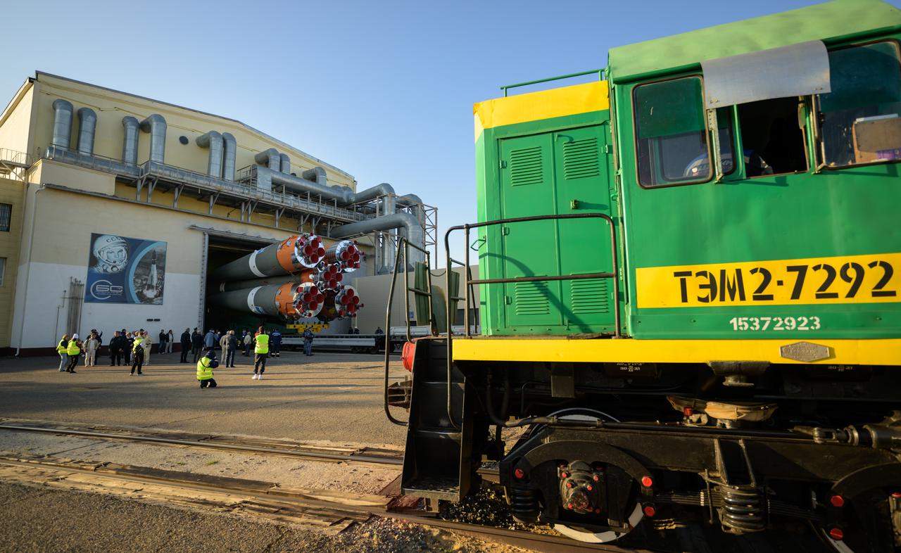 The Soyuz rocket is rolled out by train to the launch pad at Site 31, Tuesday, Sept. 12, 2023, at the Baikonur Cosmodrome in Kazakhstan. Expedition 70 NASA astronaut Loral O'Hara, Roscosmos cosmonauts Oleg Kononenko, and Nikolai Chub are scheduled to launch aboard their Soyuz MS-24 spacecraft on Sept. 15. Photo Credit: (NASA/Bill Ingalls)